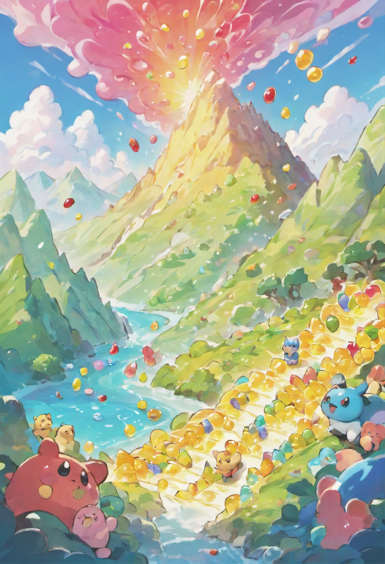 Design a fantastical landscape where gummy bears cascade down a mountainside like an avalanche, with little gummy bear climbers attempting to conquer the sugary peaks