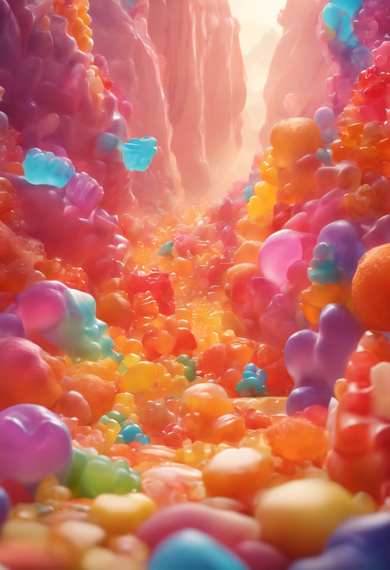 Design a fantastical landscape where gummy bears cascade down a mountainside like an avalanche, with little gummy bear climbers attempting to conquer the sugary peaks