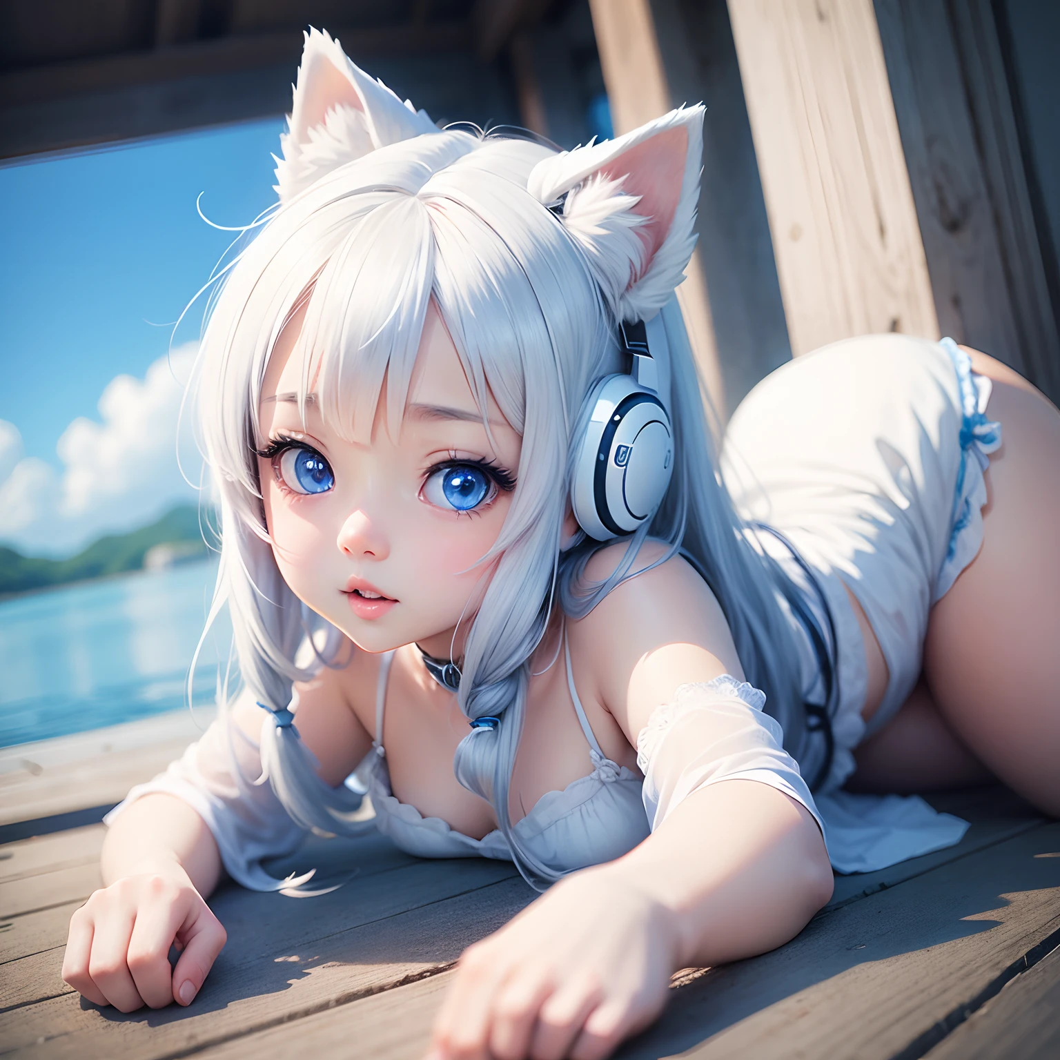 Very cute anime ai puppy, white colour, blue eyes, beautiful background.