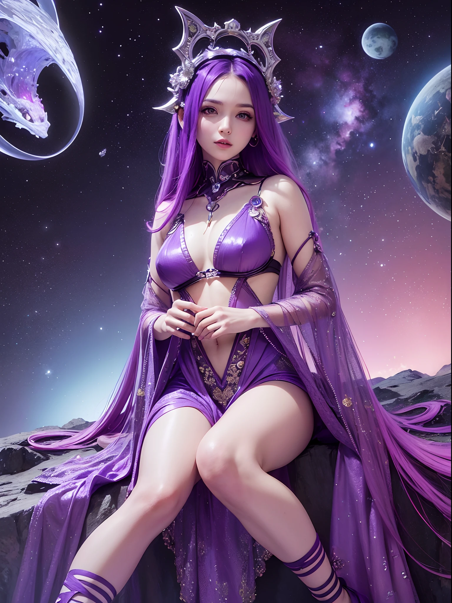 Masterpiece, RAW photo, hyper photorealistic, Beautiful alien girl with a lot of purple hair, on a far fantastic planet, cosmic landscape, cute sexy, highly detailed, sci-fi aesthetic, fantasy aura, unearthly vegetation, by rutkowski, hdr, intricate details, hyperdetailed, cinematic, depth of field, rim light
