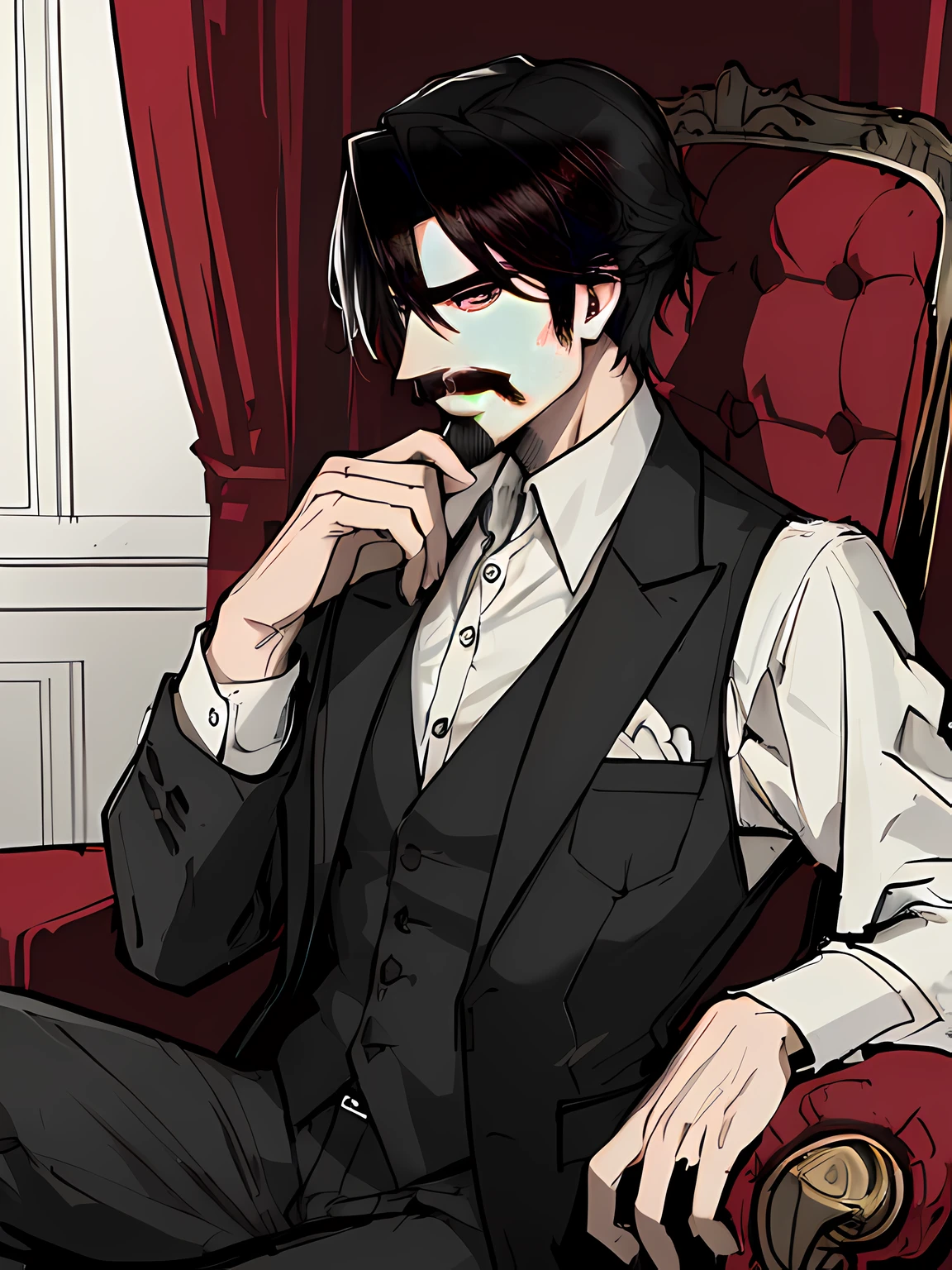 (absurdres, 8k, 4k, masterpiece, hyper extreme detailed:1.2), solo, 1guy, side view portrait, best quality, expressive eyes, perfect face, 1guy, portrait, solo, male, mature male, adult, medium hair, straight hair, time, suit, black suit, pocket watch, swept bangs, cowboy shot, half body, black hair, expressive eyes, perfect eyes, smirk, mustache, pocket square, fancy, sophisticated, regal, cufflinks, vest, white shirt, red rose, busy, sitting in fancy chair,