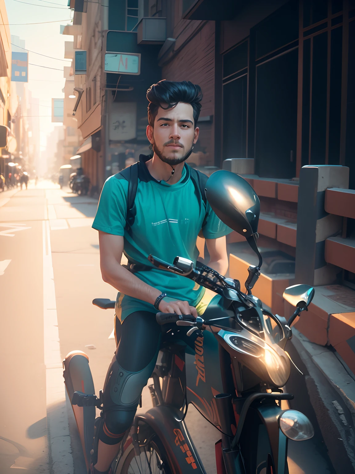 Cartoon with bike futurealtic background 8k High quality
