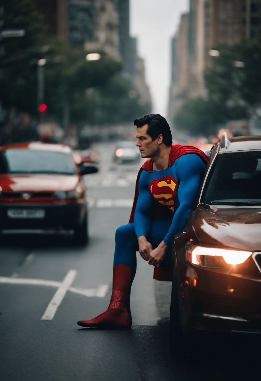 Create a scene where iconic superheroes (superman:1.5), find themselves stuck in a mundane traffic jam while in full costume, superman in car waiting, traffic jam, discussing their day-to-day struggles
