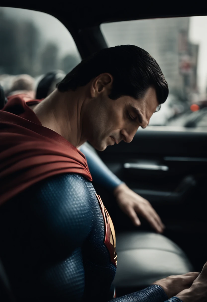 Create a scene where iconic superheroes (superman:1.5), find themselves stuck in a mundane traffic jam while in full costume, superman in car waiting, traffic jam, discussing their day-to-day struggles