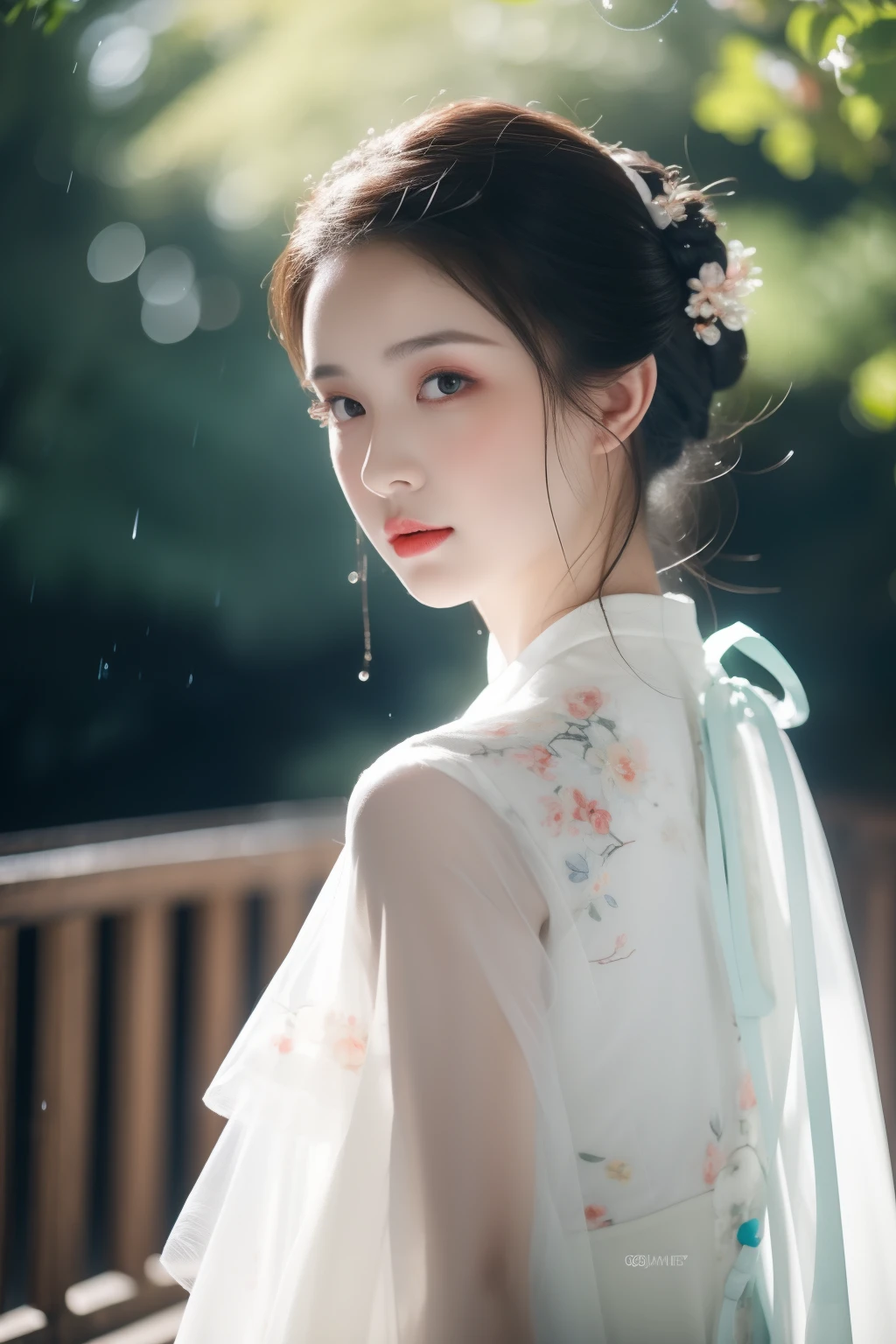 On a rainy day, Guzhen Hanfu women, White Hanfu, Portrait photo of the upper body, Hairpins, hair-bun, Green trees, Clear sky, Bridge overhangs, Dreamy, Bouguereau reports, trending on artstationh, Exquisite facial features style, Close-up photo style, 8K, k hd, Superior quality, realistic sense, First-person perspective, orthofacial，looking at viewert，flashing lights,