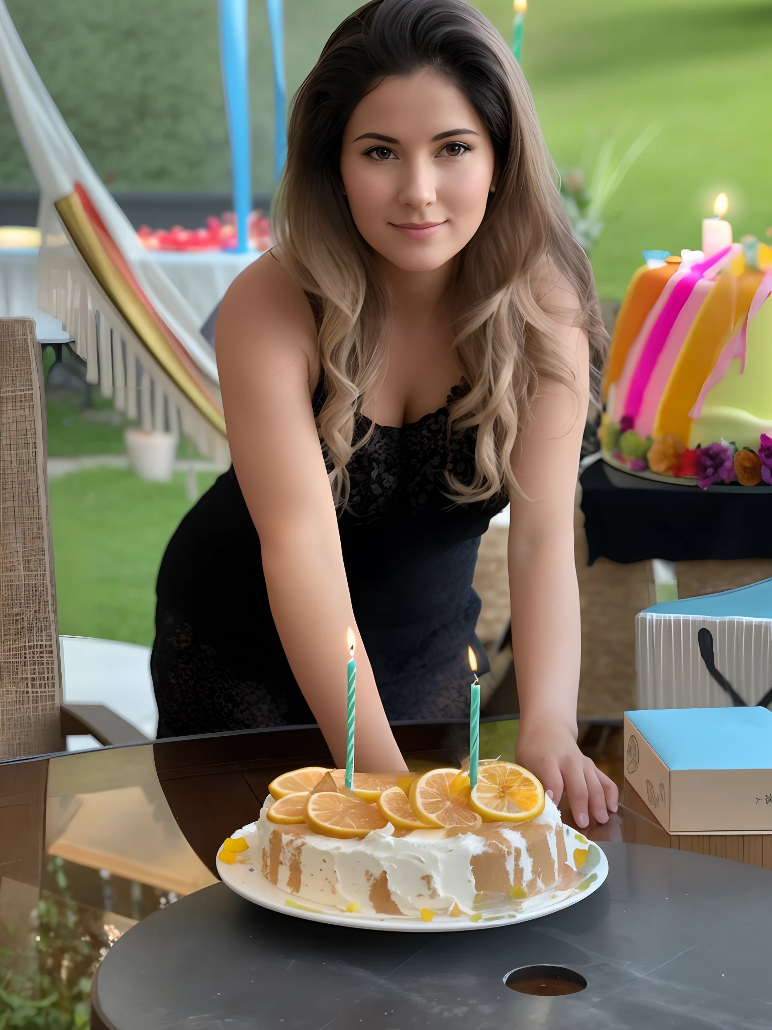 woman cutting a cake with a candle on a table outside, holding a birthday cake, celebrating a birthday, she is about 3 0 years old, she is about 30 years old, she is about 2 , 🐿🍸🍋, 21 years old, 2 4 years oldmage, 2 0 years old, 20 years old