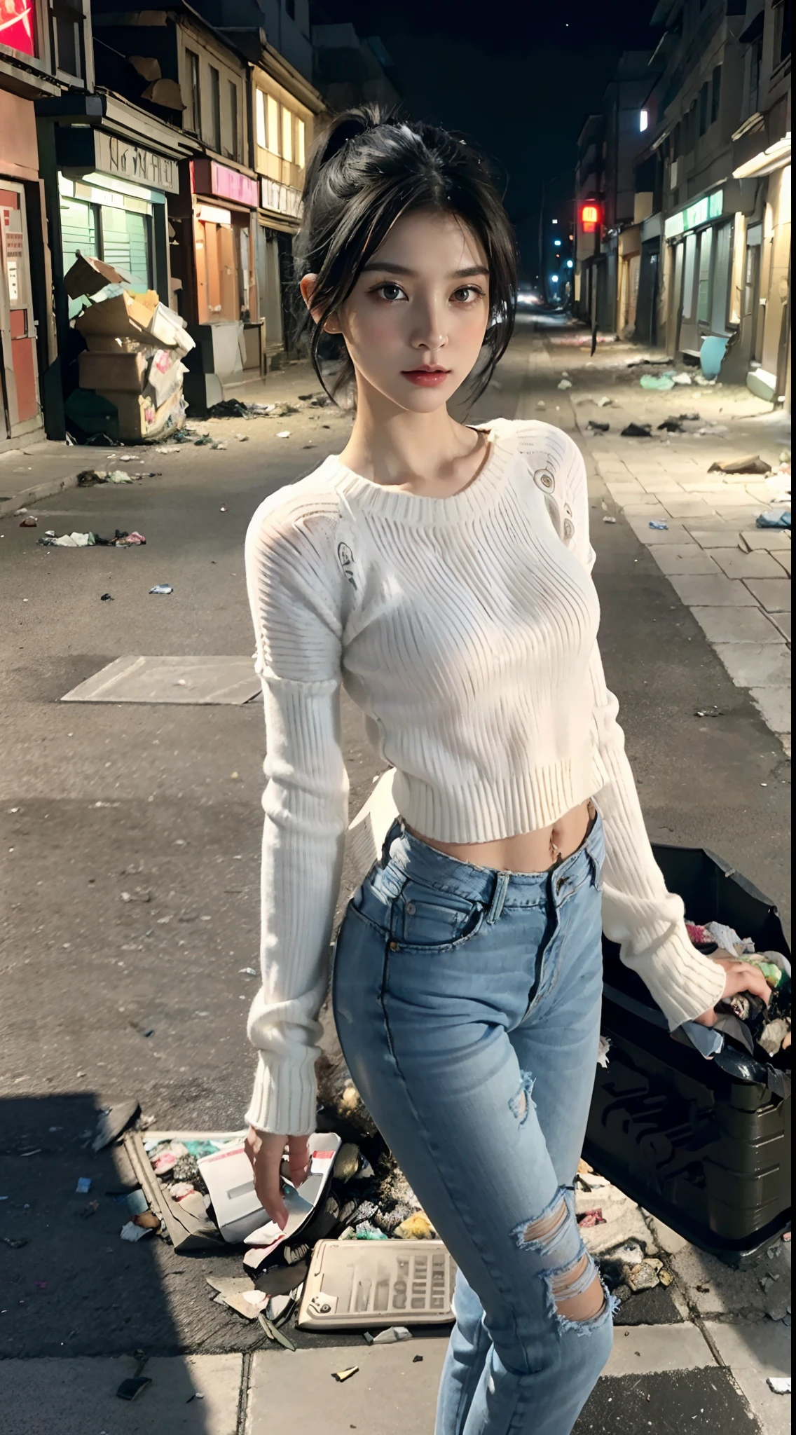 (shoulder length straight short hair: 1.1), (black hair:1.5),（Extremely meticulous CG 8k wallpaper），（Extremely refined and beautiful），（Masterpiece），（best qualtiy：1.0),(Ultra High Resolution:1.0),realistic shaded，[A high resolution],(Smooth and flawless fair skin:1.5),(shiny skin:1.5),Extremely exquisite facial details,(perfect body：1.1），ultra - detailed，A beautiful girl，small head,(short ponytail:1.2),(Small breasts:1.1)，Flat chests，slim，thin,(Panicked:1.2),(white sweater:1.5),(Light blue jeans:1.4),Slender legs,(Well-cut abdominal muscles:1.2),walking,(In a dilapidated dirty alley:1.3),(Dim pink street light:1.1),(many Garbage on the ground:1.9),Slums,red light areas,Portrait,close shot,cowboy shot,(Night scene:1.5),late at night