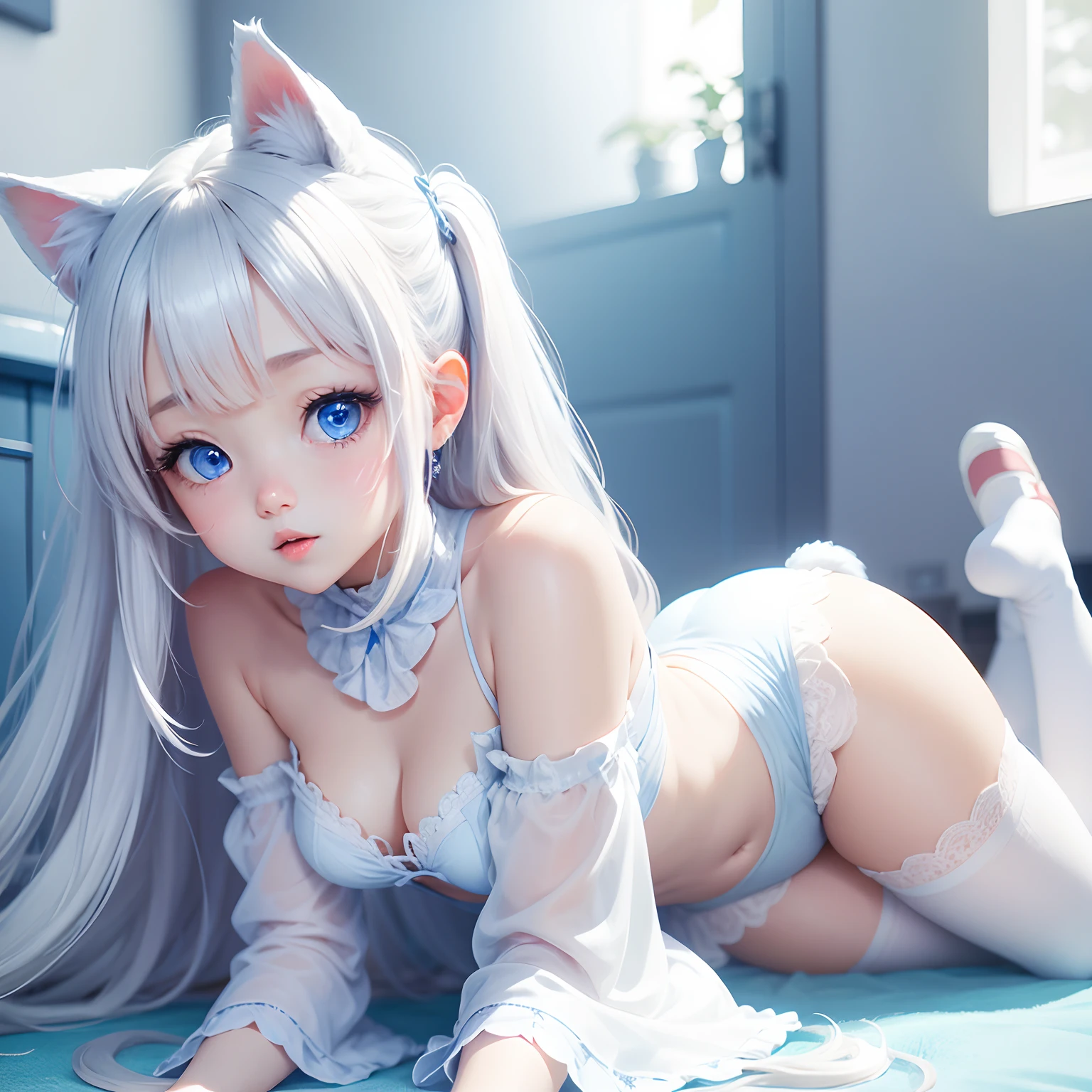 Very cute anime ai puppy, white colour, blue eyes, beautiful background.