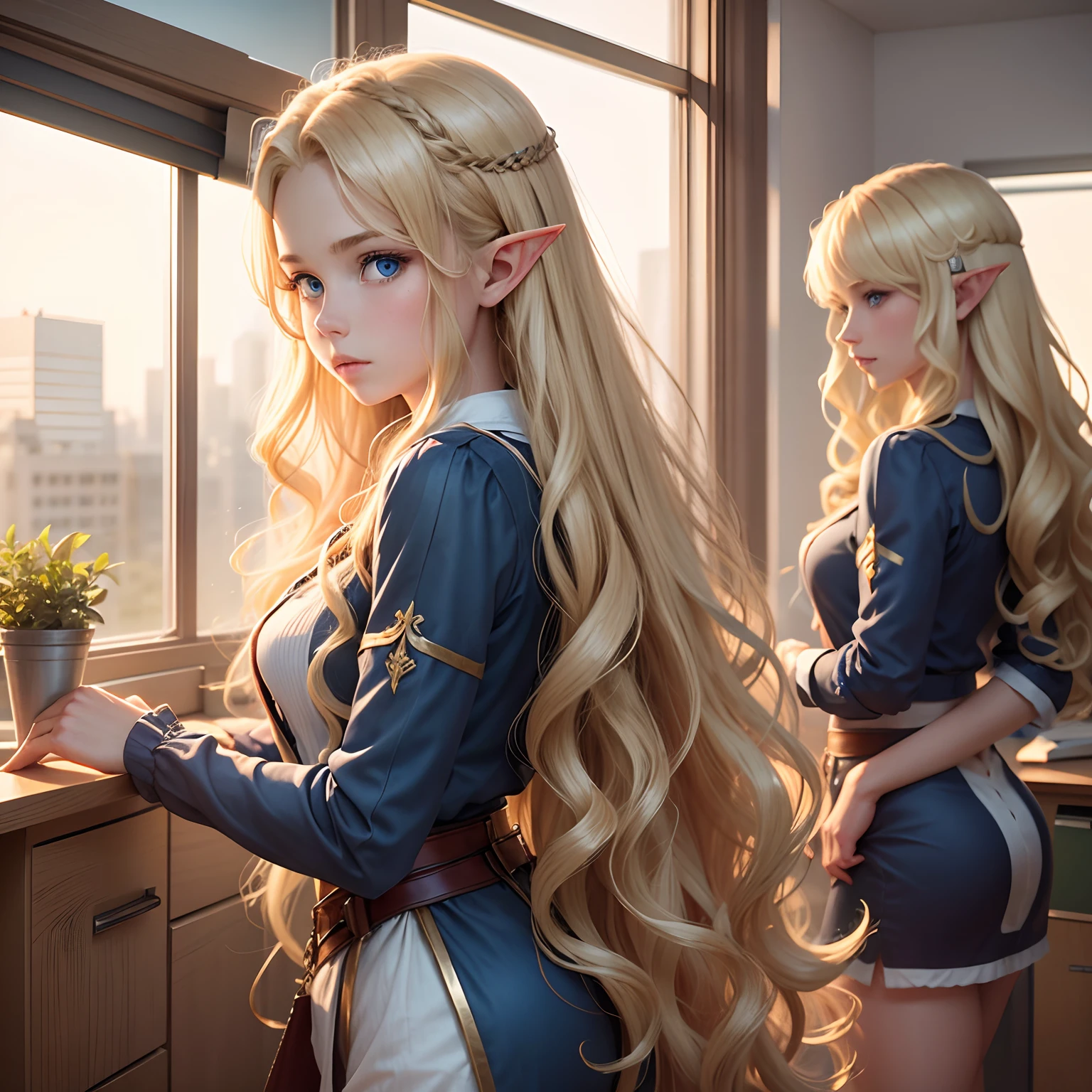 an 18-year-old beautiful blonde elf with blue eyes and long curly hair, in the office. side view.