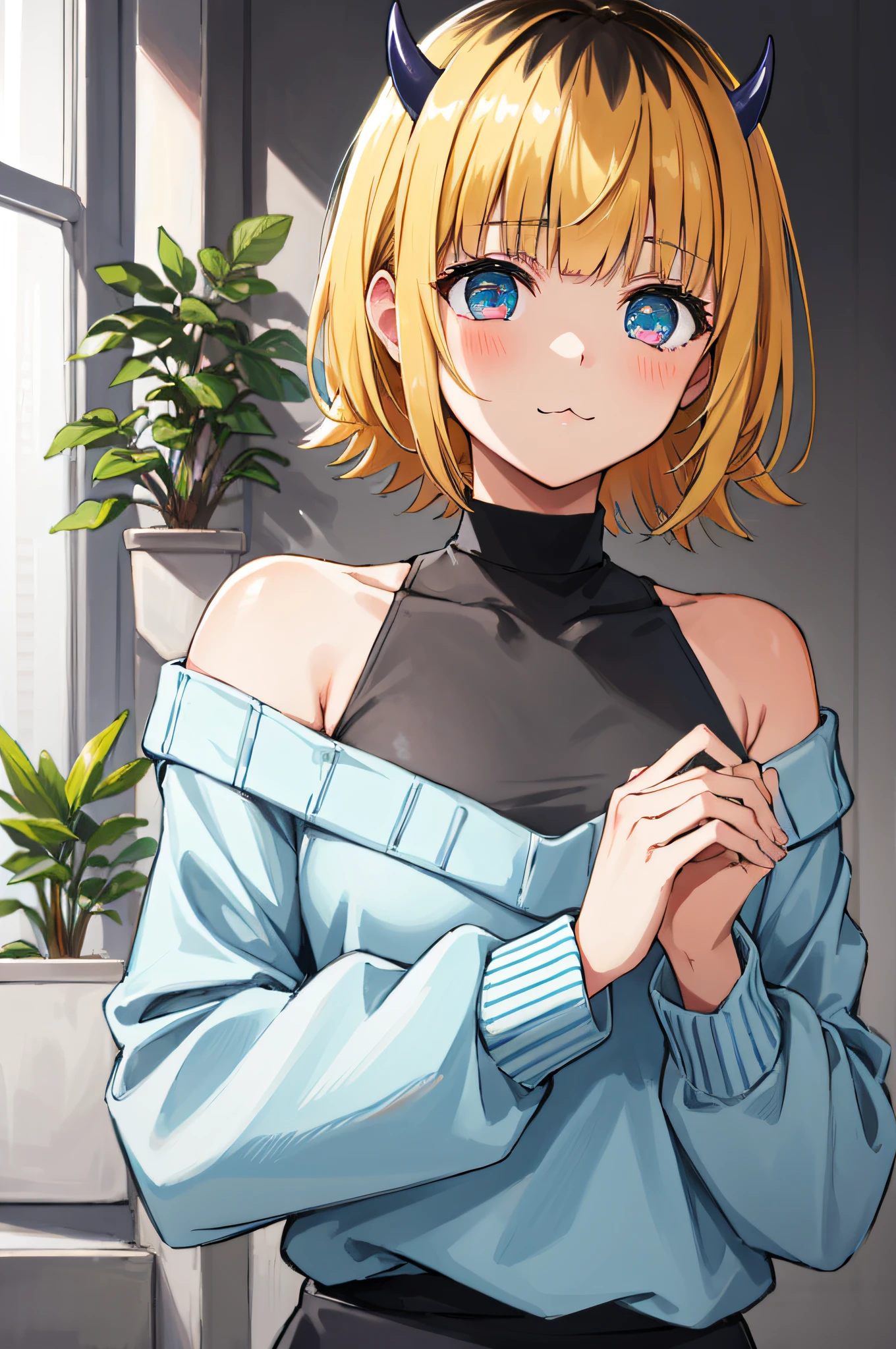 1girl, memcho, blonde hair, blue eyes, blunt bangs, demon horns, fake horns, horns, short hair,
BREAK bare shoulders, black skirt, (blue sweater:1.5), long sleeves, off shoulder, off-shoulder sweater, puffy sleeves, skirt, sweater, white ribbon, standing,
BREAK House, windows, curtains, houseplants,
BREAK looking at viewer,
BREAK (masterpiece:1.2), best quality, high resolution, unity 8k wallpaper, (illustration:0.8), (beautiful detailed eyes:1.6), extremely detailed face, perfect lighting, extremely detailed CG, (perfect hands, perfect anatomy)