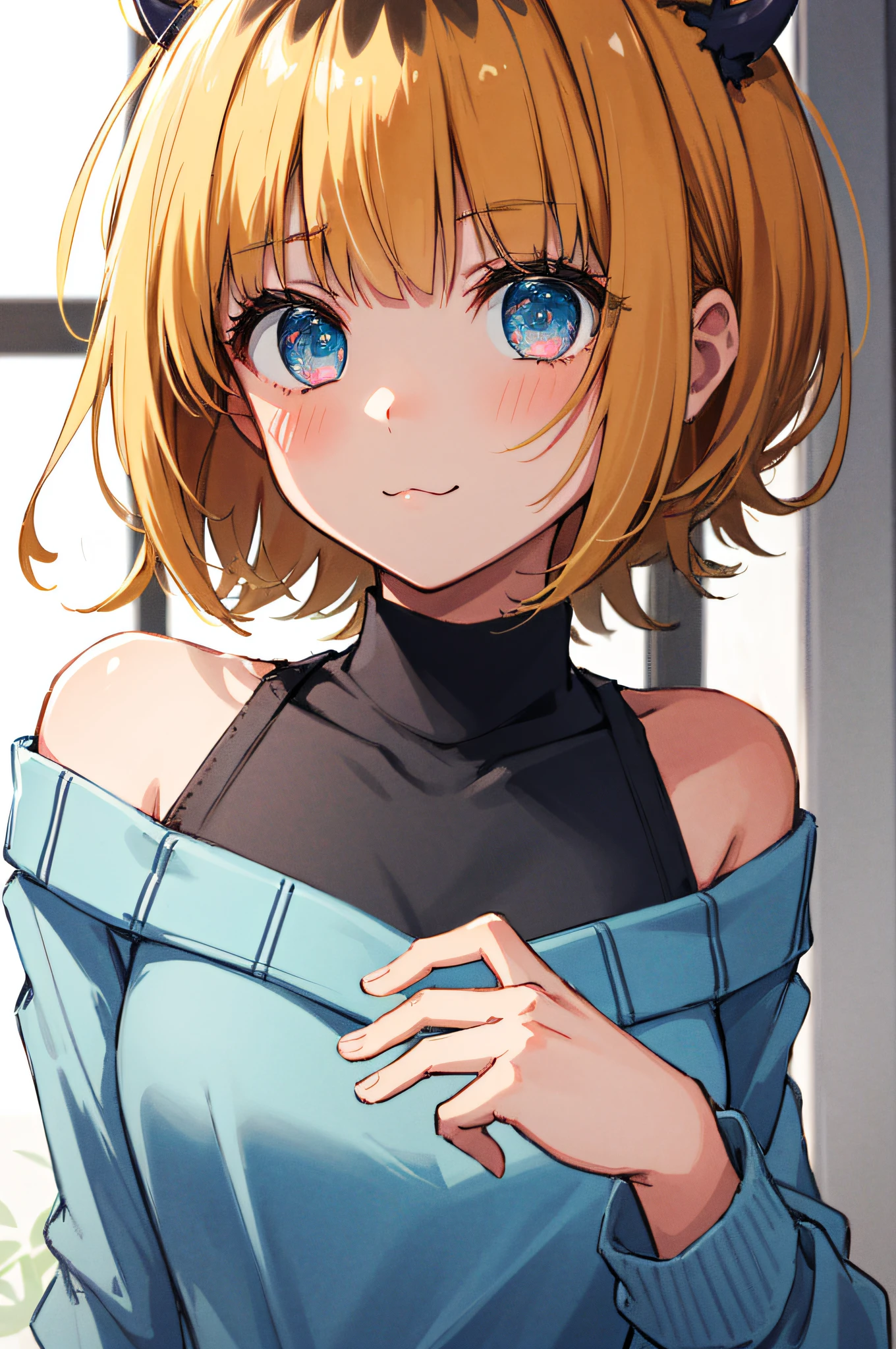 1girl in, MEMcho, Blonde hair, Blue eyes, Blunt bangs, Demon Horns, fake horns, Horns, Short hair,
BREAK bare shoulders, Black skirt, (Blue sweater:1.5), Long sleeves, off shoulders, off-the-shoulder sweater, Puffy sleeves, Skirt, Sweaters, White ribbon, Standing,
Blake House, windows, drapes, houseplant,
BREAK looking at viewer,
BREAK (masutepiece:1.2), Best Quality, High resolution, Unity 8k壁纸, (Illustration:0.8), (Beautiful detailed eyes:1.6), extra detailed face, Perfect Lighting, extremely details CG, (Perfect hands, Perfect Anatomy)