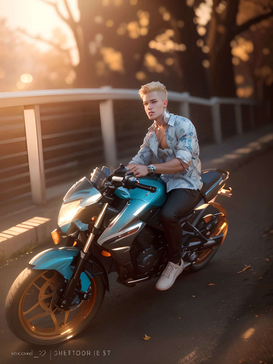 This 20-year-old British man displays radiant youth, with naturally pink lips that curve into a charming smile. Her blonde hair, short and straight, flows delicately down to her neck, subtly catching the light. His blue eyes, as clear as the sky, reflect a youthful serenity. Perfect facial features outline a captivating face where every detail appears sculpted with precision. Your toned body reveals a dedication to health and well-being, conveying an athletic and vibrant presence. Wearing a simple linen shirt, he radiates happiness, as if the light fabric matches the lightness of his spirit. The shirt, subtle and elegant, highlights your youth with a touch of relaxed style. The cinematic portrait is realistic, with a beautifully detailed face, featuring high 8k resolution and atmospheric lighting that highlights the realistic, sharp features of his face.