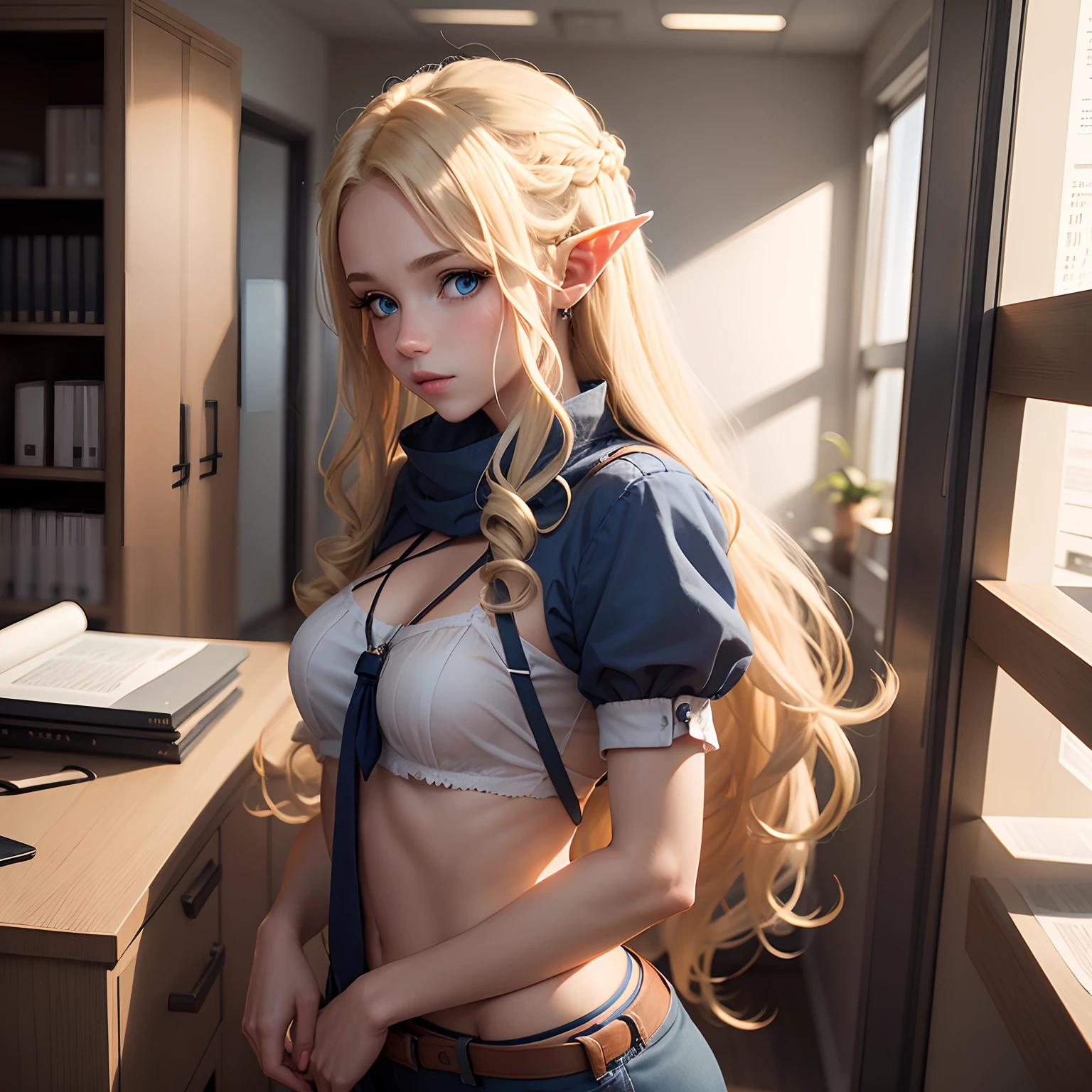 an 18-year-old  blonde elf girl with blue eyes and long curly hair,  working in the office.  side view.