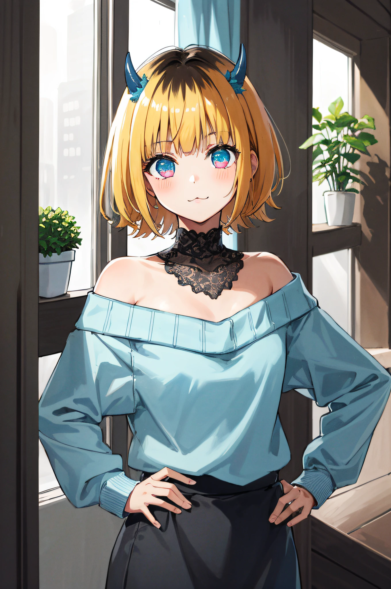 1girl, memcho, blonde hair, blue eyes, blunt bangs, demon horns, fake horns, horns, short hair,
BREAK bare shoulders, black skirt, (blue sweater:1.5), long sleeves, off shoulder, off-shoulder sweater, puffy sleeves, skirt, sweater, white ribbon, (put one's hands on one's hips:1.1), standing,
BREAK House, windows, curtains, houseplants,
BREAK looking at viewer,
BREAK (masterpiece:1.2), best quality, high resolution, unity 8k wallpaper, (illustration:0.8), (beautiful detailed eyes:1.6), extremely detailed face, perfect lighting, extremely detailed CG, (perfect hands, perfect anatomy)