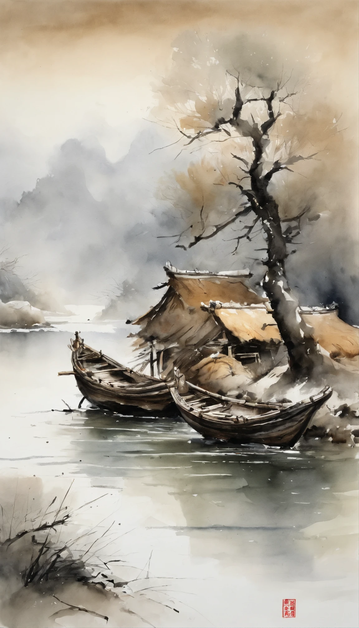 Chinese landscape painting,ink and watercolor painting,water ink,ink,Smudge,Faraway view,Ultra-wide viewing angle,Meticulous,Fishing boat vistas,Meticulous,Smudge,low-saturation,Low contrast,Fishing alone in the cold river snow,snow landscape,Beautifully depicted,A detailed,acurate,Works of masters,tmasterpiece