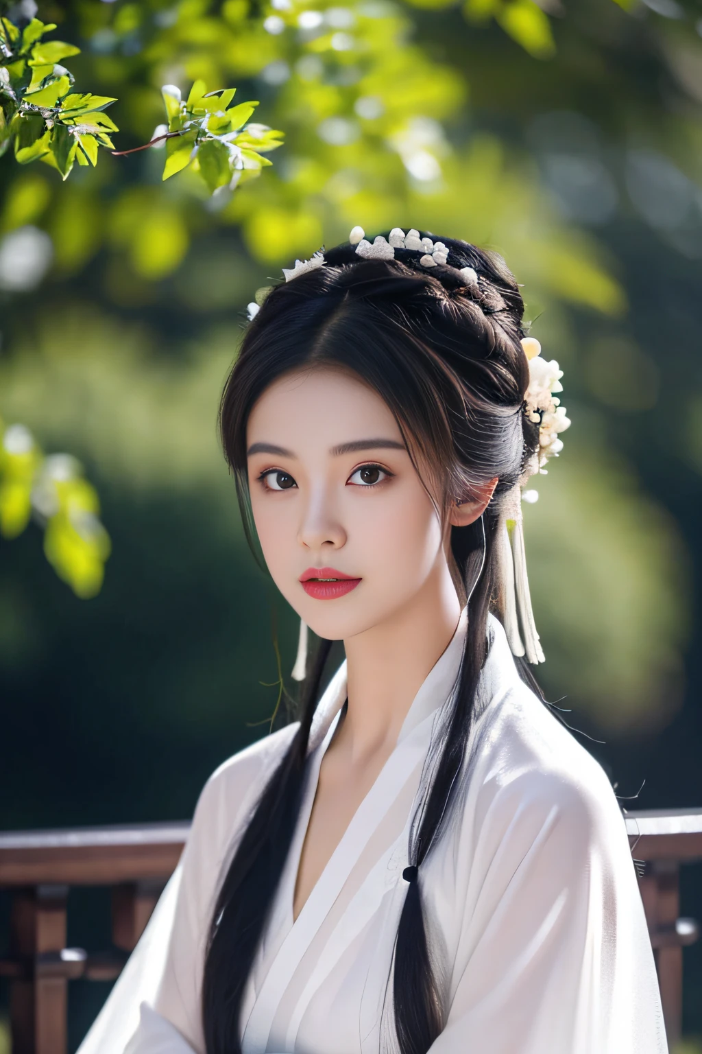 On a rainy day, Guzhen Hanfu women, White Hanfu, Portrait photo of the upper body, Hairpins, hair-bun, Green trees, Clear sky, Bridge overhangs, Dreamy, Bouguereau reports, trending on artstationh, Exquisite facial features style, Close-up photo style, 8K, k hd, Superior quality, realistic sense, First-person perspective, orthofacial,looking at viewert,flashing lights,