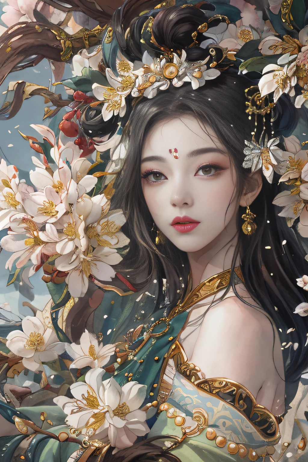 Original，（illustratio：1.1），（best qualtiy），（tmasterpiece：1.1），（the Extremely Detailed CG Unity 8K Wallpapers），（a color：1.2），1 Osmanthus flower god，goddes，Model figure，ancient costume，best qualtiy，Extremely detailed jewelry，Osmanthus petals，scenecy，rios|Wagas，