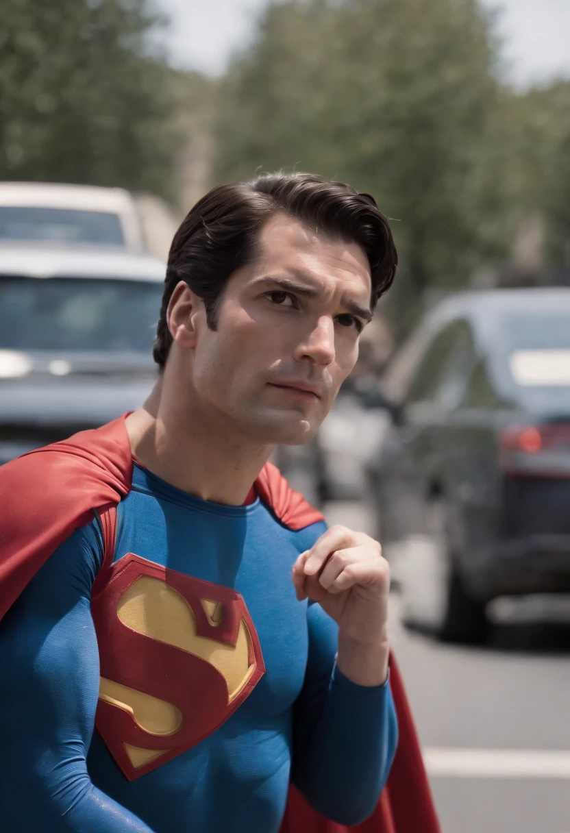 Create a scene where iconic superheroes (superman:1.5), find themselves stuck in a mundane traffic jam while in full costume, inside car, bored face, superman in car waiting, traffic jam, discussing their day-to-day struggles