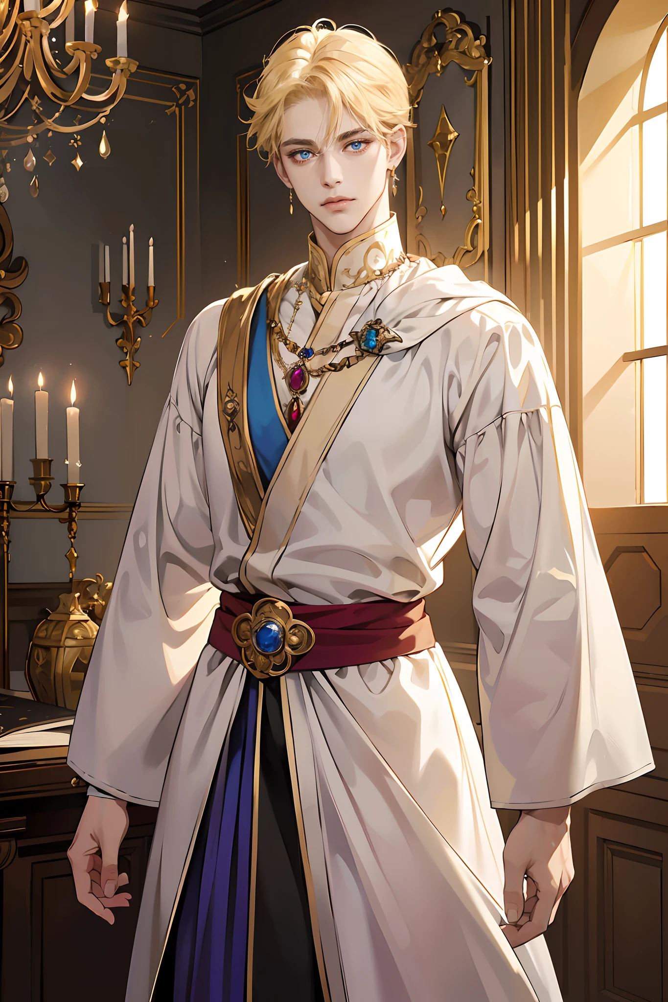 (A handsome man,prince,Wearing a white noble clothing and gorgeous jewels,sad face, Blonde hair and blue eyes), prince medieval, um royal RPG, uma Arte medieval, He's in a dark luxurious room with little light, iluminada por tochas, luz baixa, Exotic warm colors in a mysterious and sexy theme,eyes look at the camera.