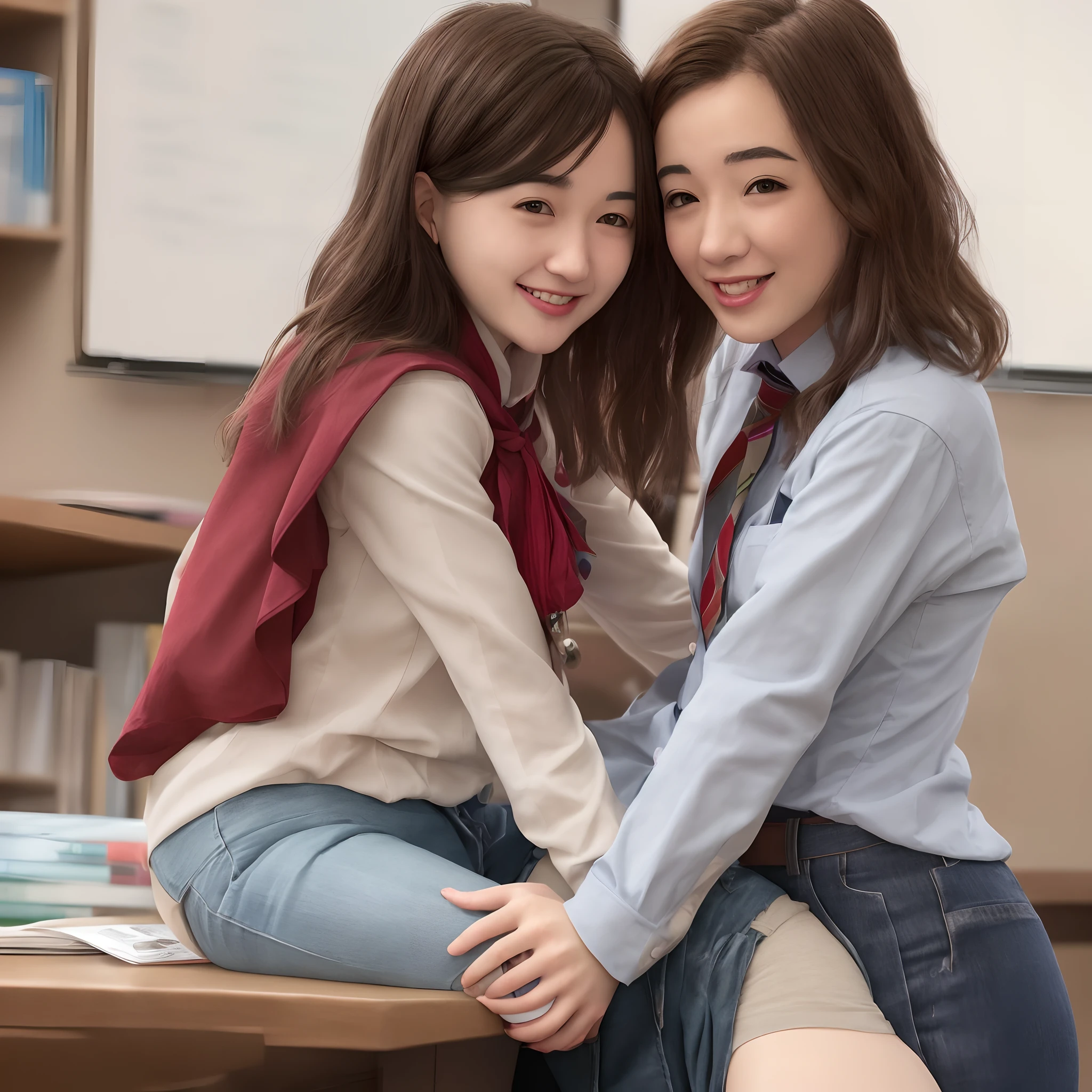 NSFW,Two girls sitting in front of each other in the night school class room、18-year-old、spreading legs、flat chest,leg、both knees、nude、between legs、short hair,between legsを開いてcrotchを見せてくれる、white panties,full body shot、((a little smiles))、tits,gyaru make,school uniform