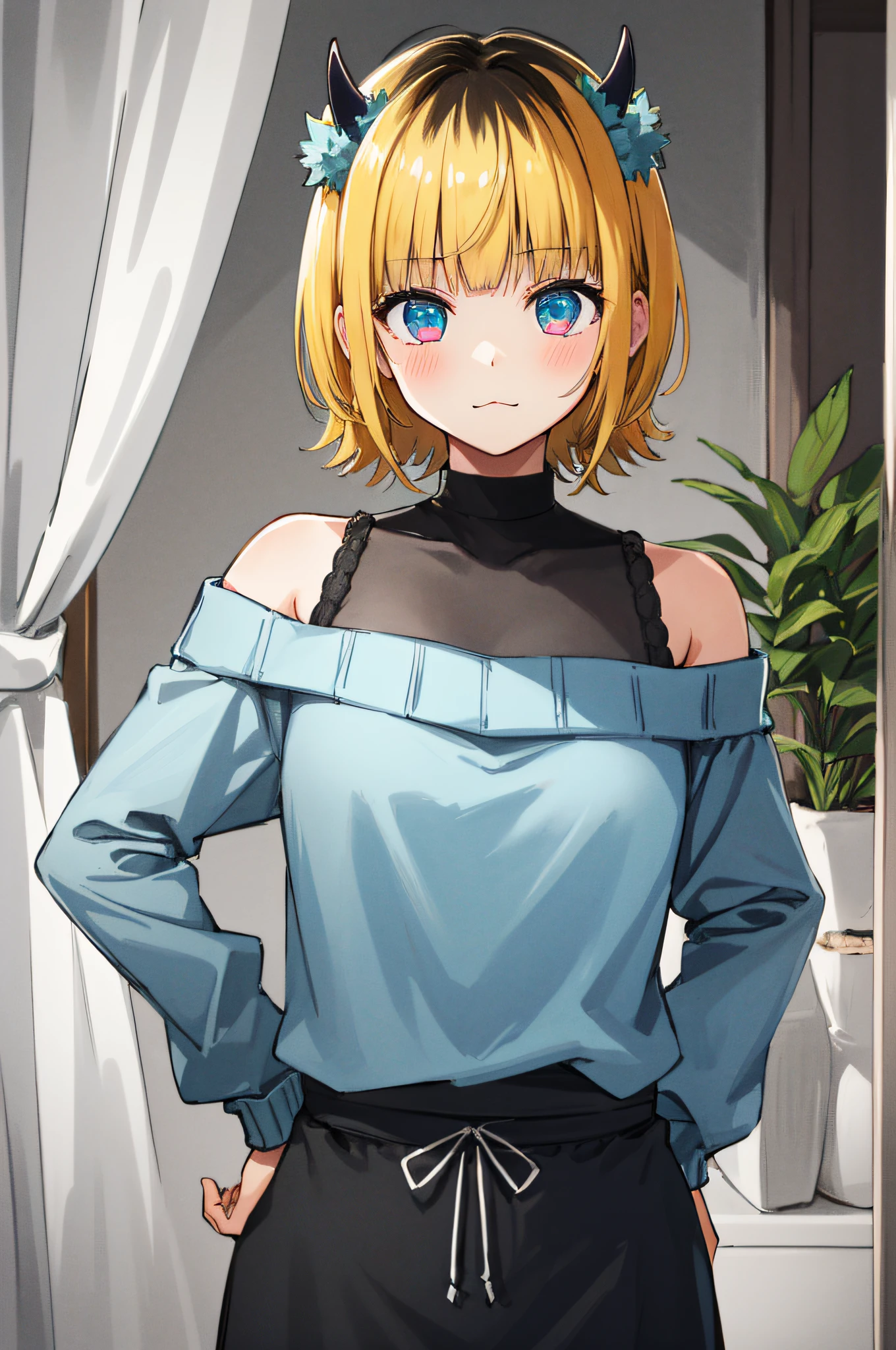 1girl, memcho, blonde hair, blue eyes, blunt bangs, demon horns, fake horns, horns, short hair,
BREAK bare shoulders, black skirt, (blue sweater:1.5), long sleeves, off shoulder, off-shoulder sweater, puffy sleeves, skirt, sweater, white ribbon, (put one's hands on one's hips:1.1), standing,
BREAK House, windows, curtains, houseplants,
BREAK looking at viewer,
BREAK (masterpiece:1.2), best quality, high resolution, unity 8k wallpaper, (illustration:0.8), (beautiful detailed eyes:1.6), extremely detailed face, perfect lighting, extremely detailed CG, (perfect hands, perfect anatomy)