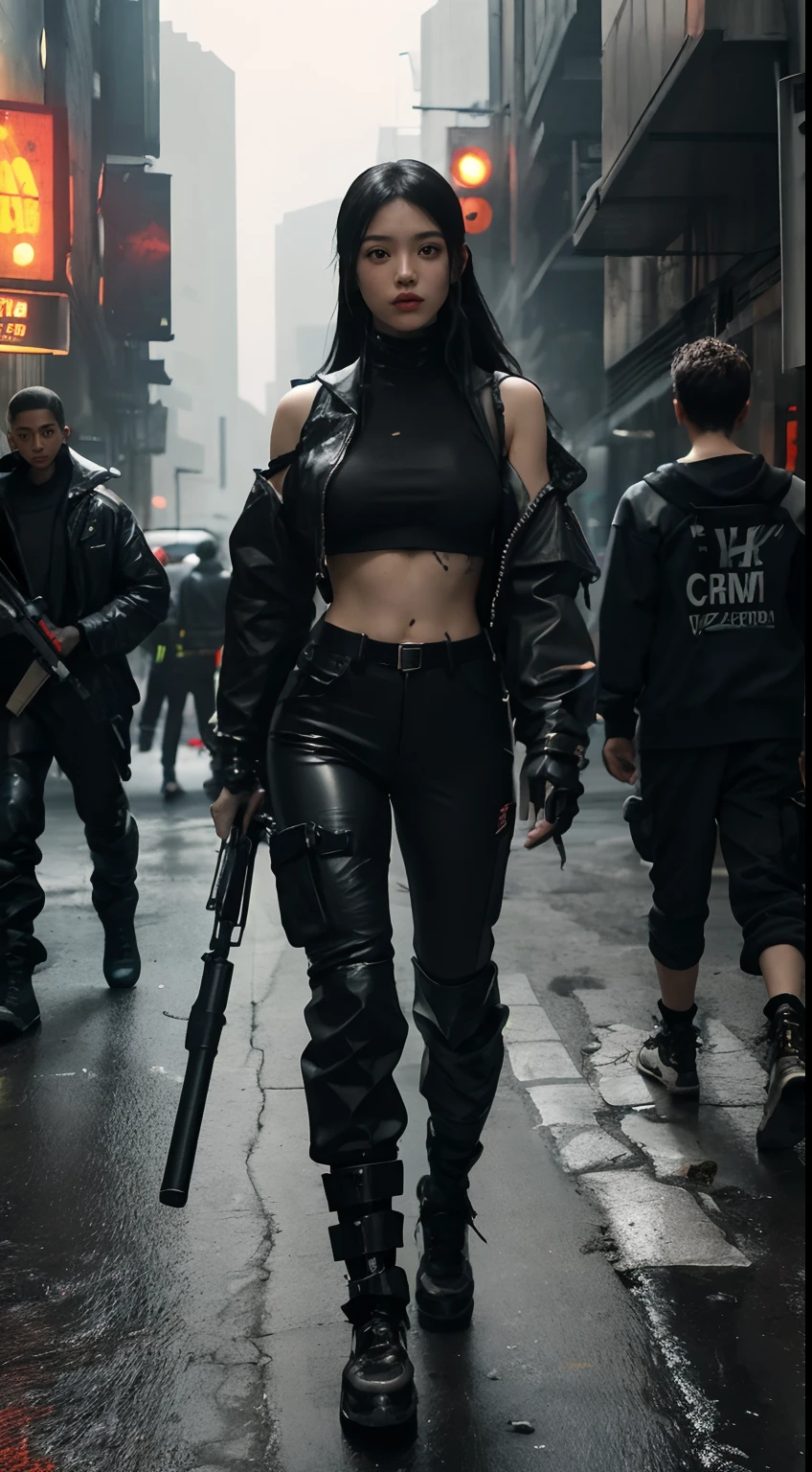 8K, RAW photos, Best quality, Masterpiece: 1.2),(best qualtiy，8K, Yes，32K，masterpiece，hyper HD：1.2) , 20 years old, woman in orange pants and black top with gun in hand, cargo pants. cyberpunk city, cyberpunk style outfit, photograph of a techwear woman, postapocalyptic vibes, cyberpunk outfit, wearing techwear and armor, cyberpunk outfits, cyberpunk fashion clothing, wearing cyberpunk streetwear, postapocalyptic style, cyberpunk clothes, cyberpunk streetwear, apocalyptic style, white long straight hair, perfect boobs