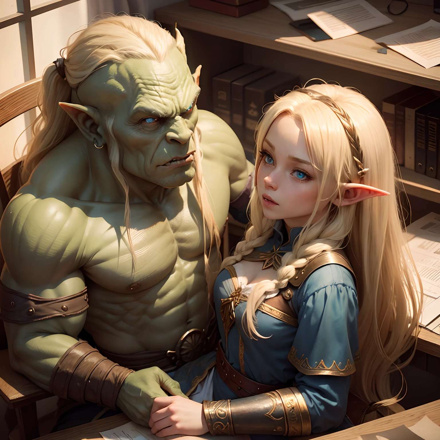 An young blonde elf girl with long hair and blue eyes gives an orc a in the office. side view