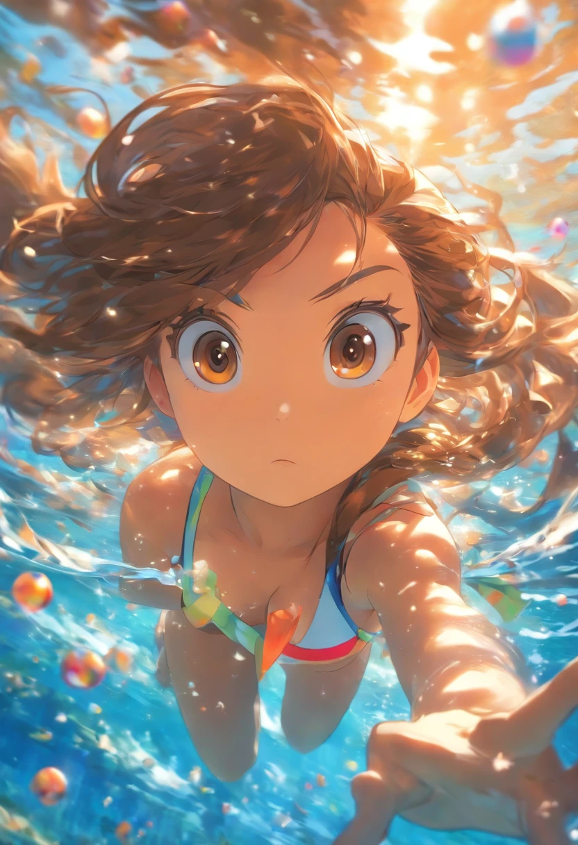 foreshortening, depth of field, masterpiece, best quality, 1girl, brown hair, brown eyes, long hair, underwater, air bubble, solo, looking at viewer, school swimsuit, swimming, dappled sunlight,