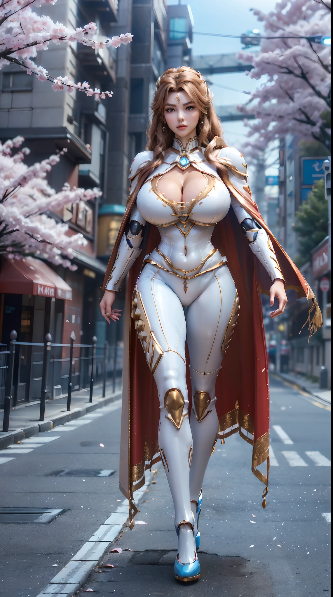 1GIRL, SOLO, (ssmile, makeup, beautifull eyes, red libs, brown hair, gold ornament hair), (HUGE FAKE BOOBS:1.3), (GUARD ARM), (white, light blue, FUTURISTIC MECHA ARMOR SUIT, ROYAL CAPE, CLEAVAGE, SKINTIGHT YOGA PANTS, HIGH HEELS:1.5), (SLENDER BODY, SEXY LONG LEGS, FULL BODY:1.5), (LOOKING AT VIEWER:1), (WALKING DOWN ON STREET CHERRY TREES:1.3), PHYSICALLY-BASED RENDERING, ULTRA HIGHT DEFINITION, 16K, 1080P.