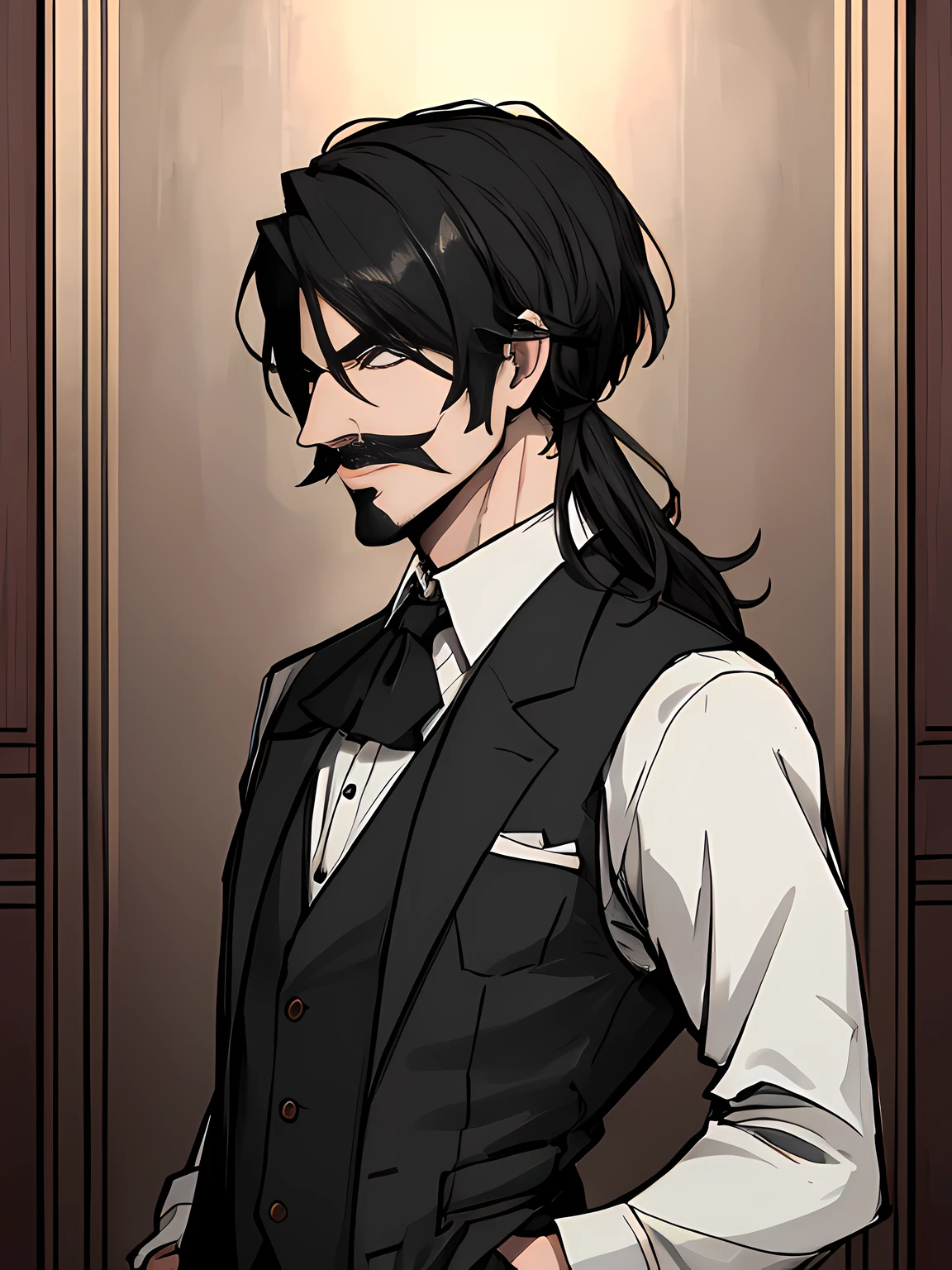 (absurdres, 8k, 4k, masterpiece, hyper extreme detailed:1.2), solo, 1guy, side view portrait, best quality, expressive eyes, perfect face, 1guy, portrait, solo, male, mature male, adult, medium hair, straight hair, time, suit, black suit, pocket watch, swept bangs, cowboy shot, half body, black hair, expressive eyes, perfect eyes, smirk, mustache, pocket square, fancy, sophisticated, regal, cufflinks, vest, white shirt, red rose, busy, roompron,