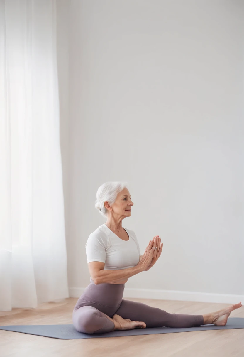 (((Do yoga in your room))) Women around 60 years of age, Natural white hair, Slender and elegant, beautiful,, ultra sharp focus, Realistic shots, Yoga clothes