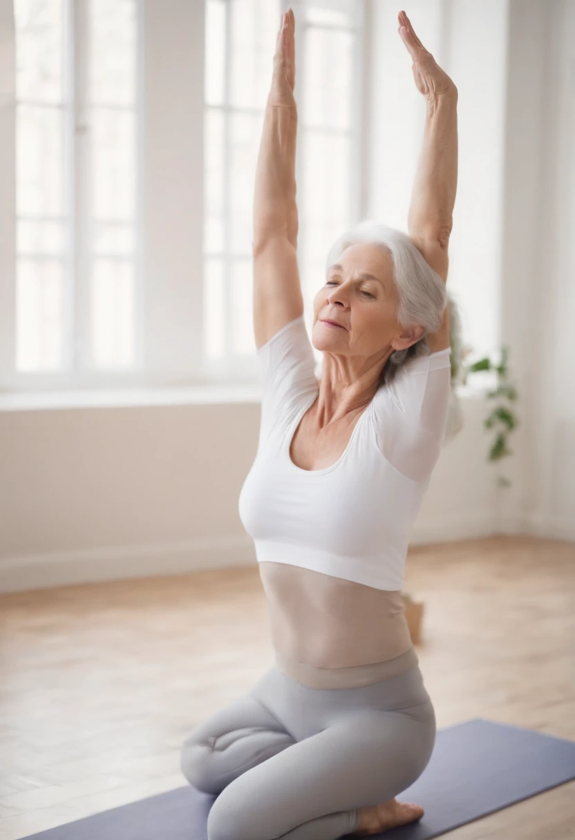 (((Do yoga in your room))) Women around 60 years of age, Natural white hair, Slender and elegant, beautiful,, ultra sharp focus, Realistic shots, Yoga clothes