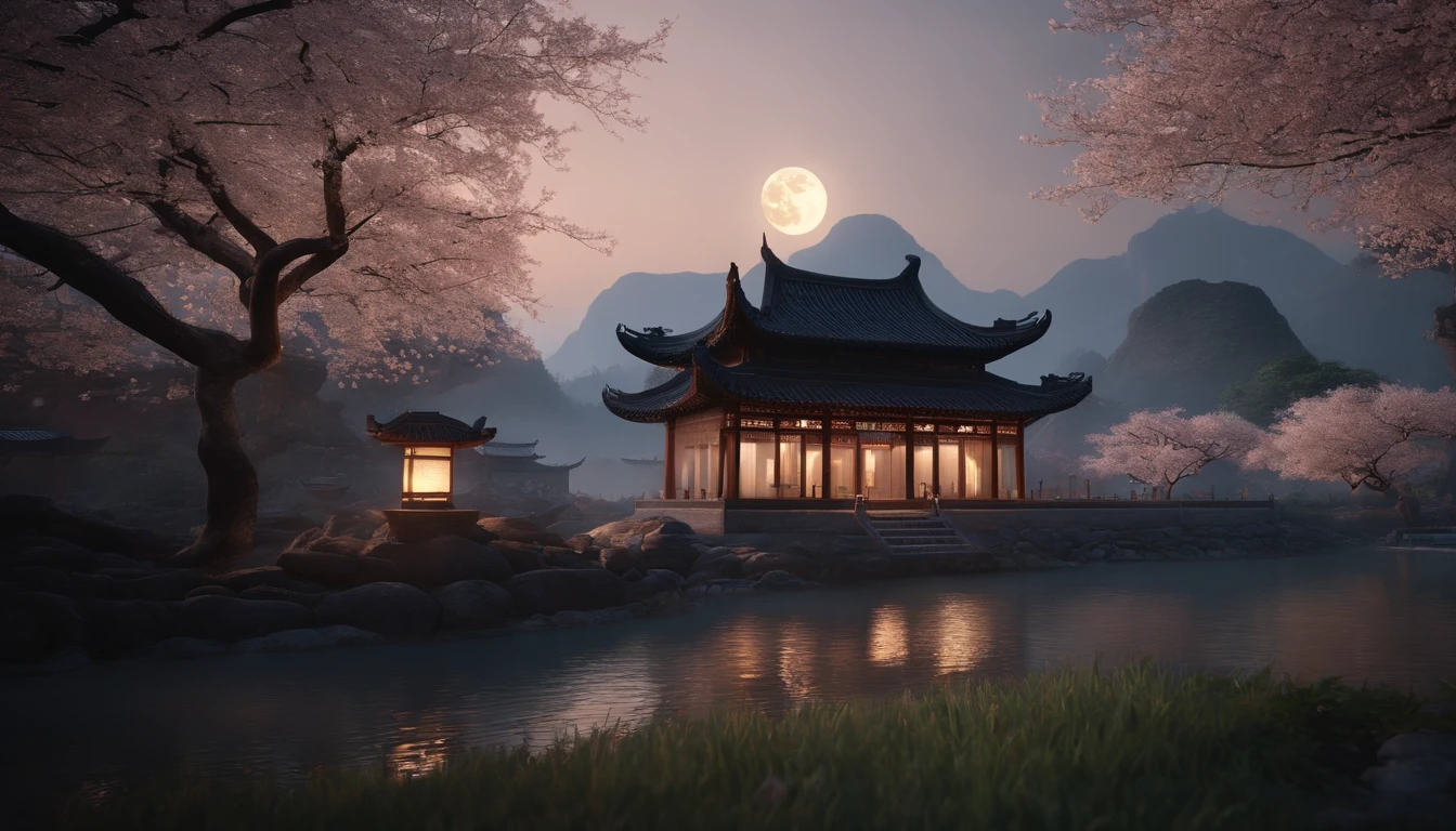 An ultra-realistic CG rendering of ancient China,A small house next to the landscape of Guilin,In the early evening,Peach blossoms and trees with cream-colored leaves,A bright moon created by white moonlight in a snowy landscape。
