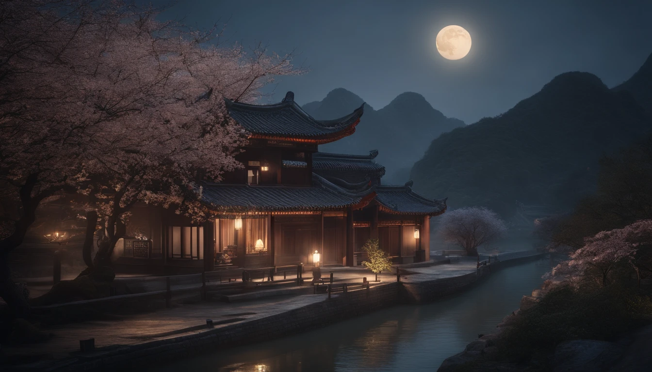 An ultra-realistic CG rendering of ancient China,A small house next to the landscape of Guilin,In the early evening,Peach blossoms and trees with cream-colored leaves,A bright moon created by white moonlight in a snowy landscape。