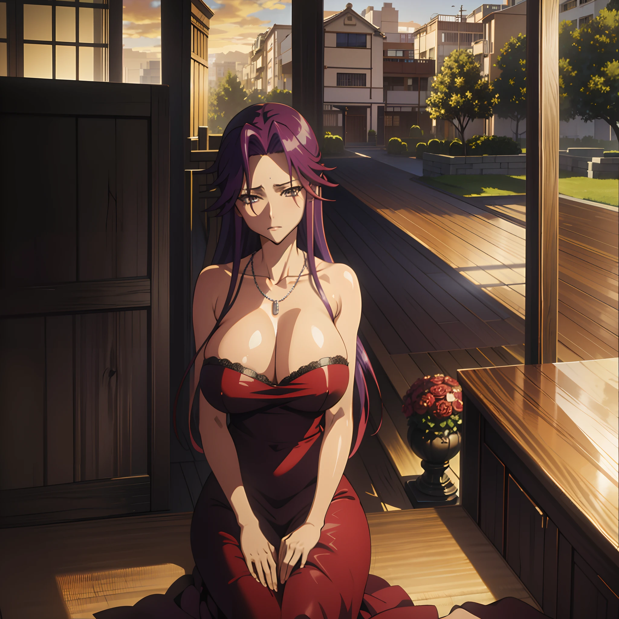 (masterpiece, best quality, 32 HDR, high resolution), Takagi Yuriko_ High school of the Dead, (ultra huge breasts:1.5, purple hair:1.1, red dress, necklace), highly detailed, Japanese abandoned house, gorgeous house,