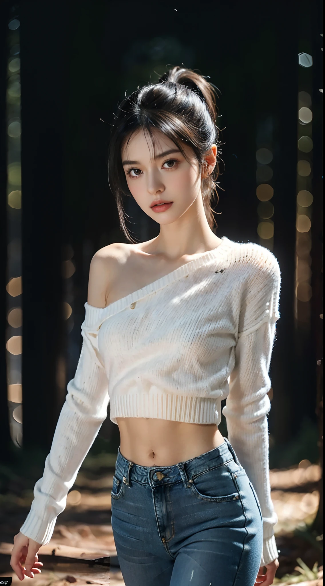 (shoulder length straight short hair: 1.1), (black hair:1.5),（Extremely meticulous CG 8k wallpaper），（Extremely refined and beautiful），（Masterpiece），（best qualtiy：1.0),(Ultra High Resolution:1.0),realistic shaded，[A high resolution],(Smooth and flawless fair skin:1.5),(shiny skin:1.5),Extremely exquisite facial details,(perfect body：1.1），ultra - detailed，A beautiful girl，small head,(short ponytail:1.2),(Small breasts:1.1)，Flat chests，slim，thin,(Panicked:1.2),(white sweater:1.5),(Light blue jeans:1.4),Slender legs,(Well-cut abdominal muscles:1.2),walking,(On the forest path:1.3),(Almost no light:1.1),terrifying atmosphere,Portrait,close shot,cowboy shot,(Night scene:1.5),late at night