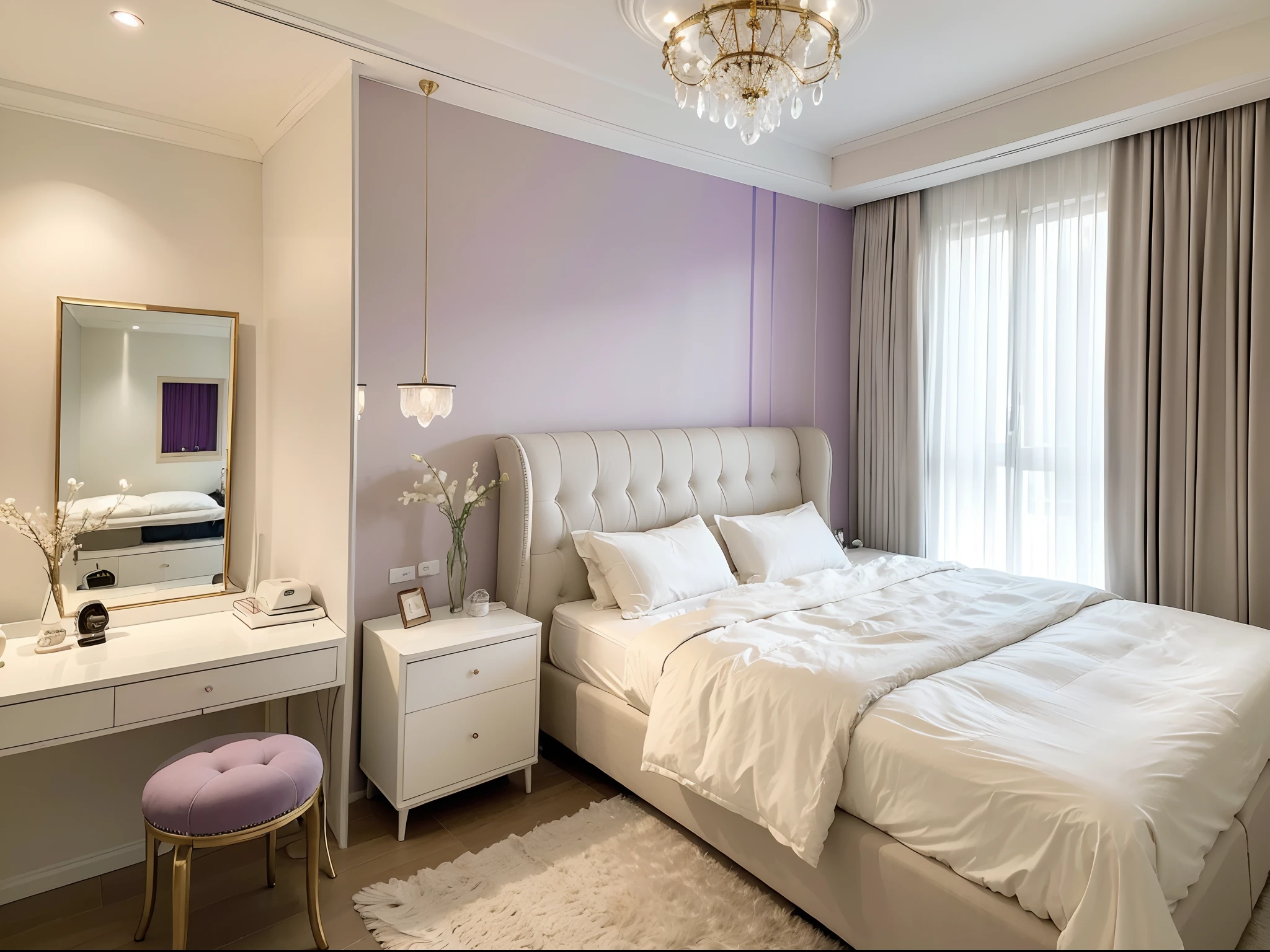 (best quality,highres:1.2),ultra-detailed,realistic:1.37,weightless feeling upon entering, purple-themed bedroom, large art painting hanging above bed, golden bedsheets contrasting with snow-white walls, curtains gently swaying, reflecting the crystal chandelier on the wall, creating a dreamy atmosphere.