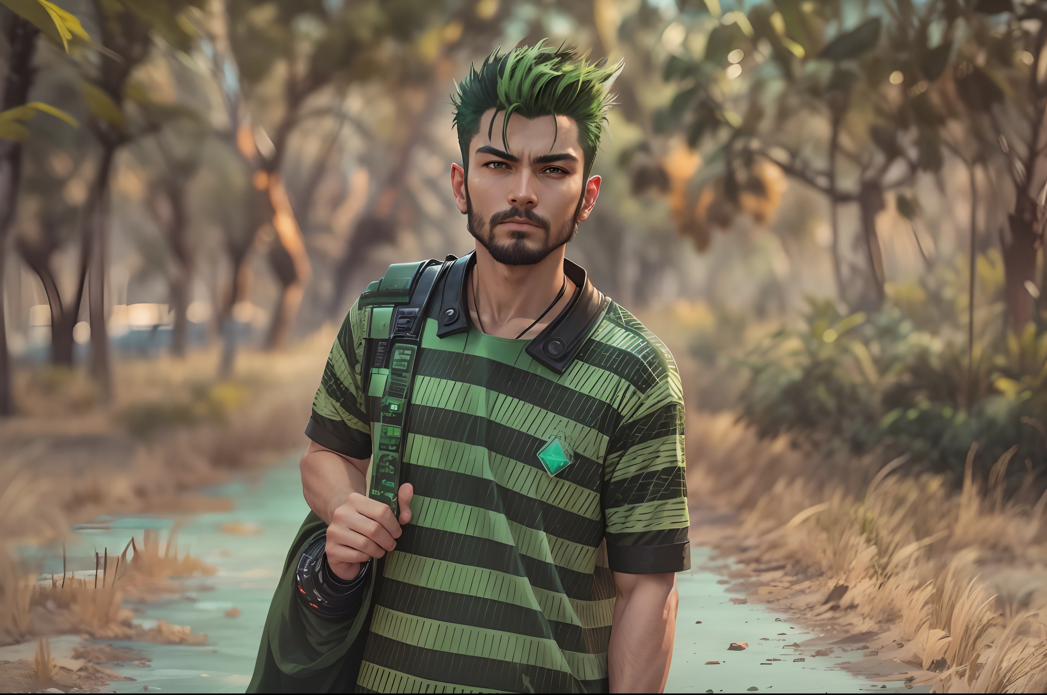 Change the background into dune, sunset with the same greenary and the picture into handsome face with badass look like cyberpunk. Make it like game hero and dont change too much of my face