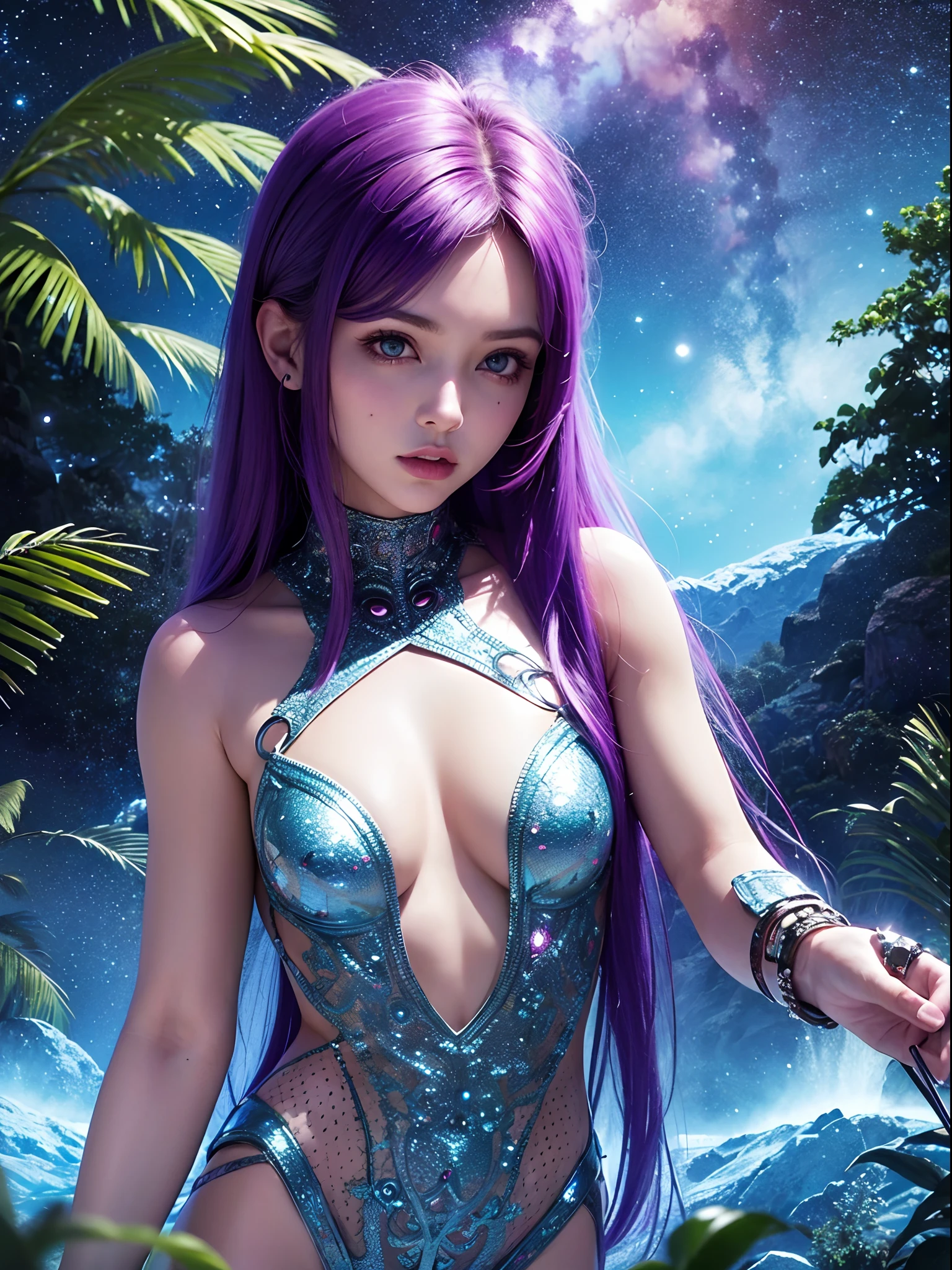 Masterpiece, RAW photo, hyper photorealistic, Beautiful alien girl with a lot of purple hair, on a far fantastic planet, cosmic landscape, cute sexy, highly detailed, sci-fi aesthetic, fantasy aura, unearthly vegetation, by rutkowski, hdr, intricate details, hyperdetailed, cinematic, depth of field, rim light