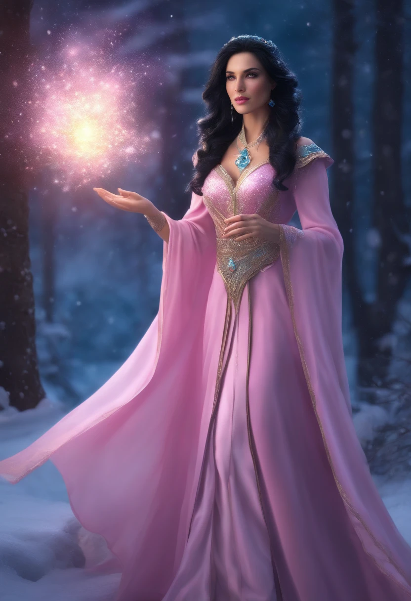 Black hair,Female mage,Stepmother skirt,in pink,Ice Blizzard magic