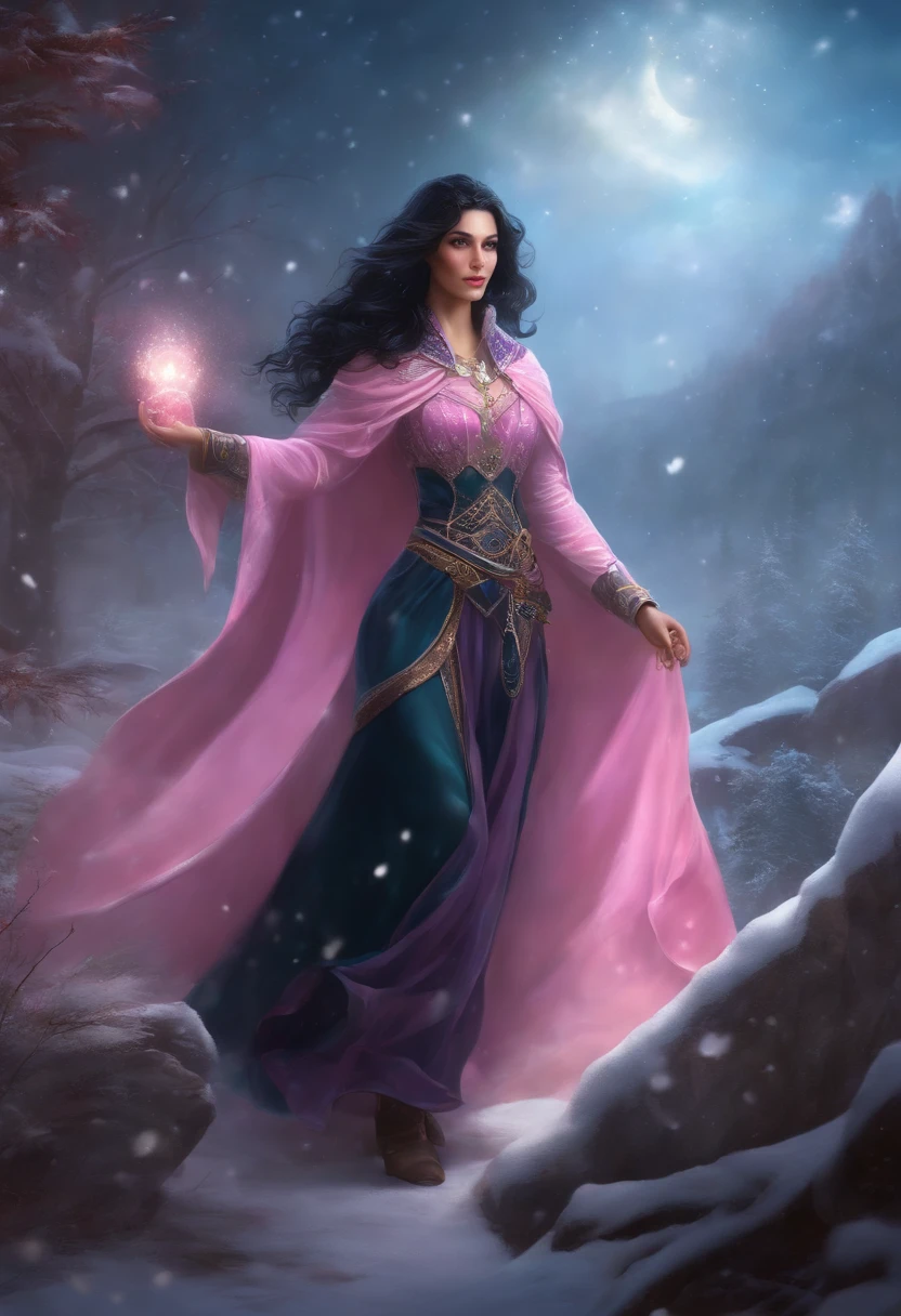 Black hair,Female mage,Stepmother skirt,in pink,Ice Blizzard magic