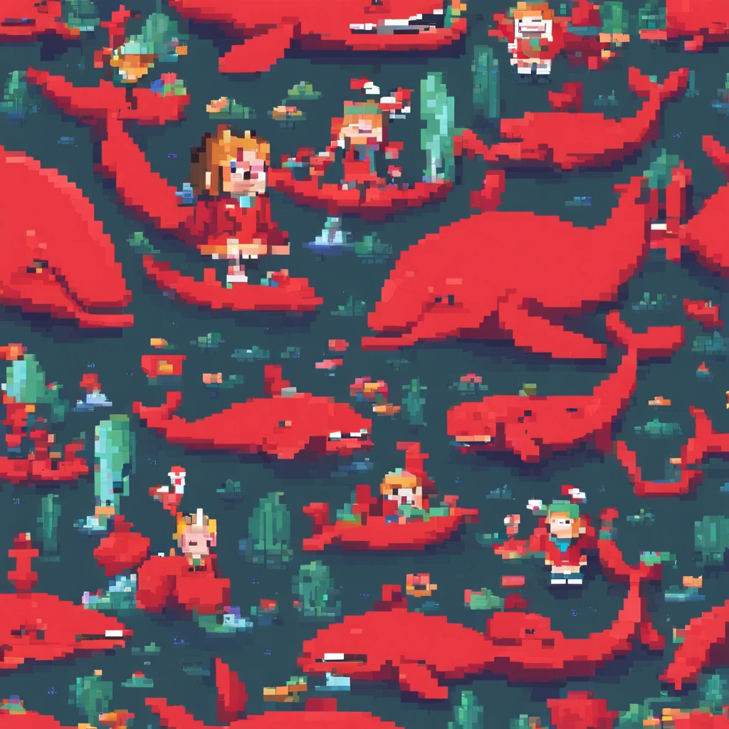 Fantastic atmosphere,Red-haired girl perched on fat red whales, cute images, Whales floating in the air, Fantastic forest background