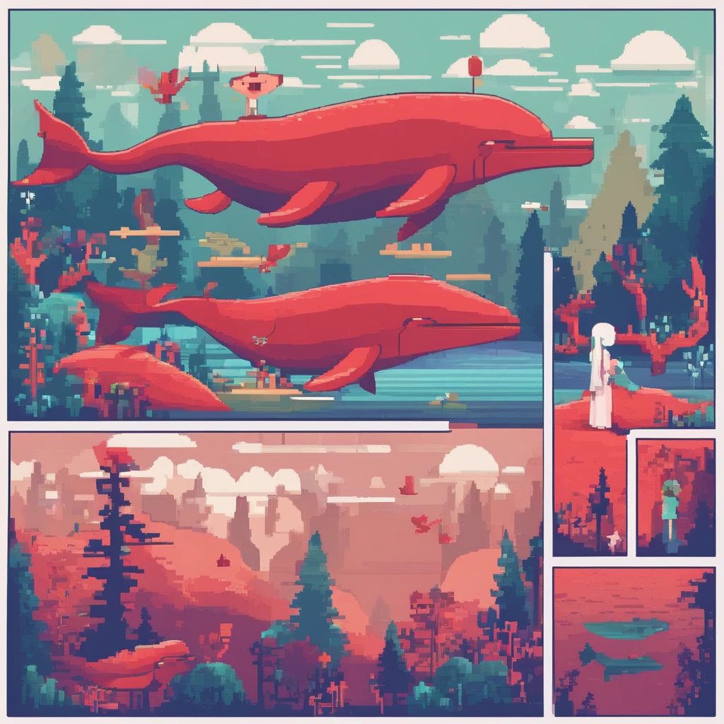 Fantastic atmosphere,Red-haired girl perched on fat red whales, cute images, Whales floating in the air, Fantastic forest background