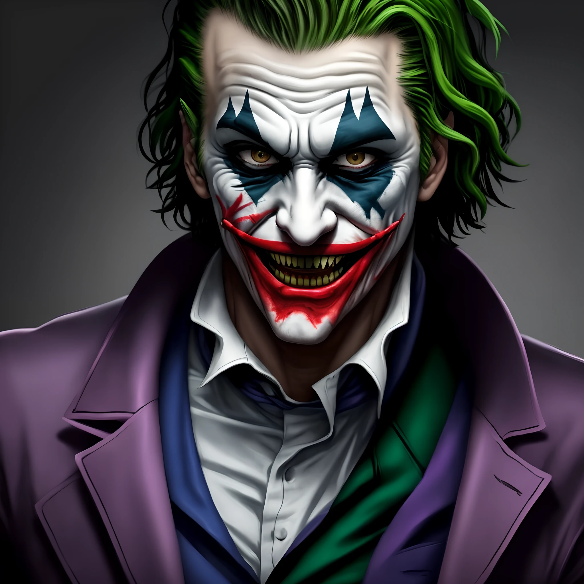 Create an illustration of a sinister, grinning character inspired by the Joker. He has wild, green hair and wears a purple suit with a large blue bowtie and a green vest. His face is pale with a wide, unsettling smile showing sharp, yellow teeth. In his right hand, he holds a playing card featuring a jocker ,The character's expression is menacing, and the image should have a comic book style with vivid colors and sharp details