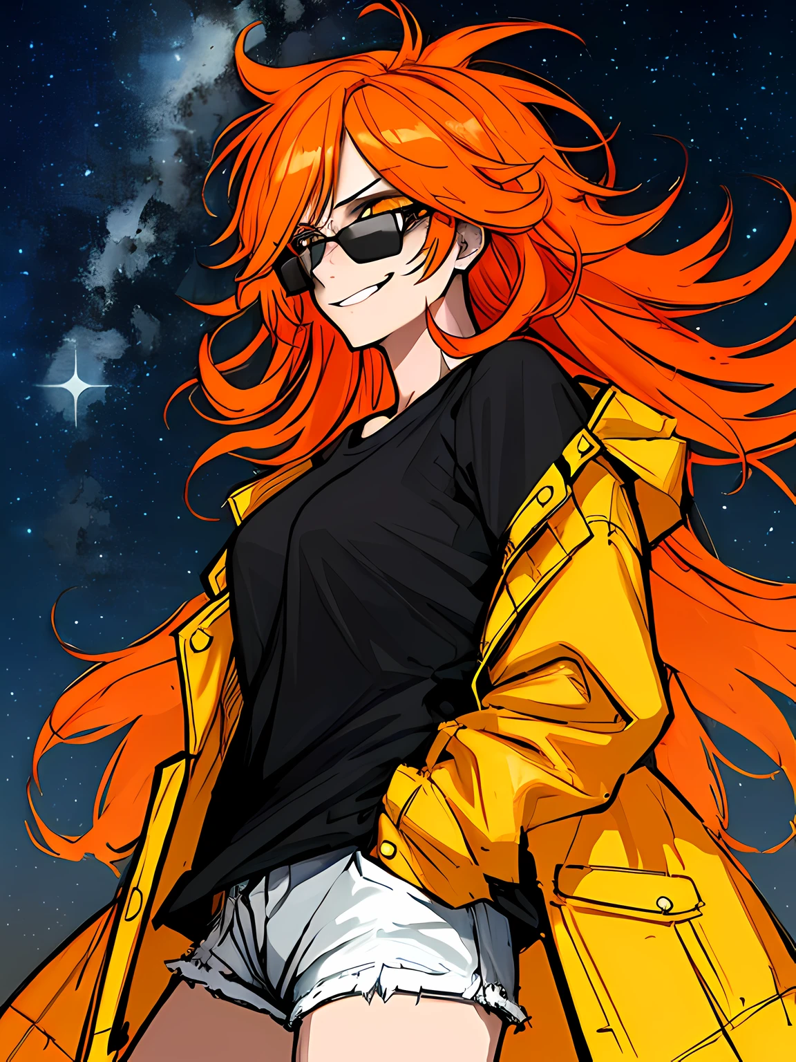 (absurdres, 8k, 4k, masterpiece, hyper extreme detailed:1.2), solo, 1girl, front view portrait, best quality, expressive eyes, perfect face, 1girl, portrait, solo, Female, mature female, adult, red hair, orange gradients, hair covering eye, medium hair, cool, confident, white shorts, wild hair, messy hair, night time, cowboy shot, half body, perfect anatomy, flowing hair, windy hair, wind, fearless, cool, badass, shirt, rugged, golden eyes, starry night sky, stars, night, smirk, badass, heroic, black graphic t-shirt, white jacket, hands in pockets, sunglasses, smirk,