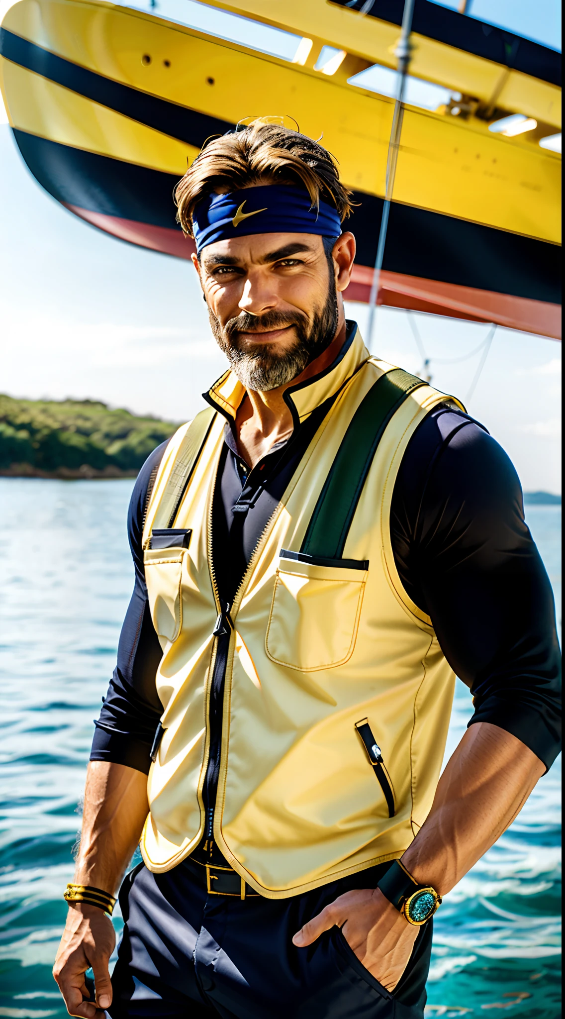 A middle-aged man with short dark golden hair, hair swept backward g, a thick headband around his forehead, deep facial features, resolute gaze, bright smile, a full beard, a tight-fitting fisherman vest, a blue-gold thick breastplate, a black tight-fitting undershirt, solid bronze muscles, a wristband on his wrist, shorts, stands on a large ship sailing on the sea, this character embodies a finely crafted fantasy-style fisherman in anime style, characterized by an exquisite and mature manga illustration art style, high definition, best quality, highres, ultra-detailed, ultra-fine painting, extremely delicate, professional, anatomically correct, symmetrical face, extremely detailed eyes and face, high quality eyes, creativity, RAW photo, UHD, 8k, Natural light, cinematic lighting, masterpiece:1.5