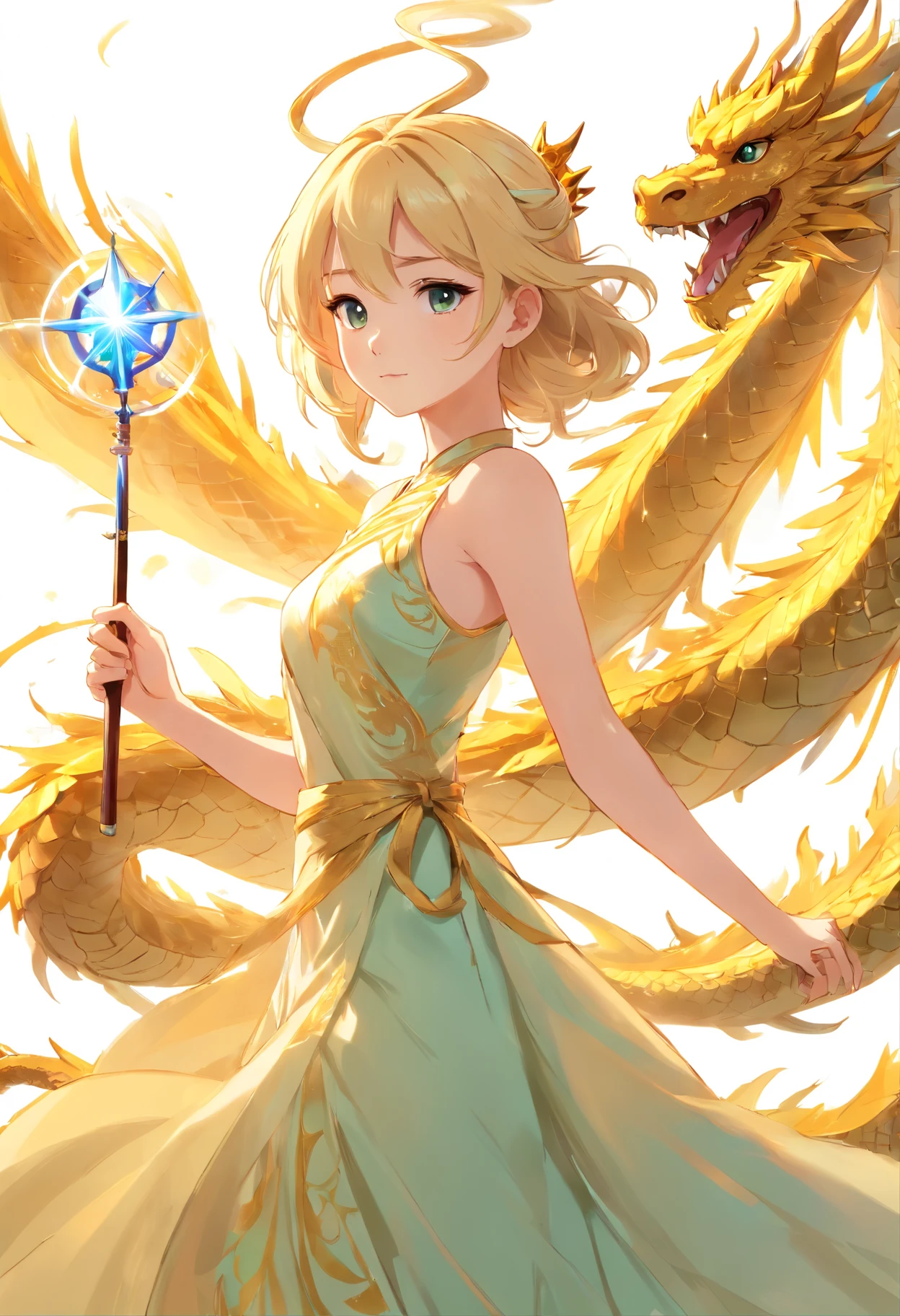 Princess (Blonde hair, Wearing a long dress, Holding a magic wand), White transparent background, Chinese Dragon (One, Five-clawed golden dragon, Wings), Riding the Dragon Princess