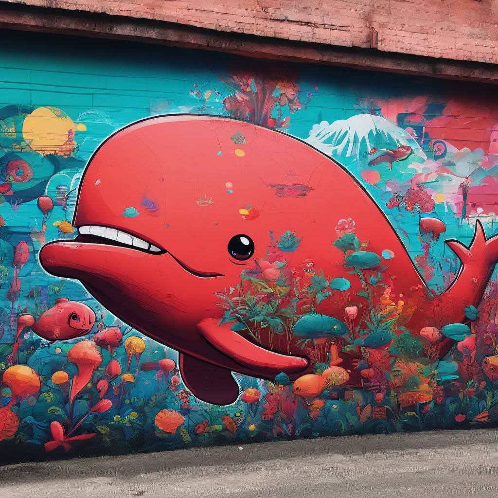 Fantastic atmosphere，Red-haired girl perched on a fat red whale, cute images, Whales floating in the air, Fantastic forest background