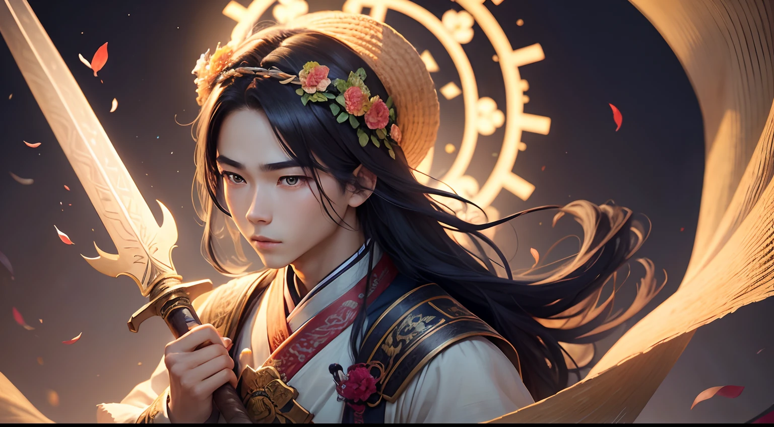 Light marks are unscrupulous，A beautiful young man who imitates Zhang Wuji，Wearing ancient Hanfu，With a sword behind his back，Wearing a thatched hat，Have a big heroic dream，Wearing the costume of a hero，A beautiful boy man，Asian people，Looks like a girl，Big eyes and thick eyebrows，without a beard，No muscles，appropriatelydressed，Wearing a flower crown on his head，Colorful hair，Looks pure and sweet，It's pleasant