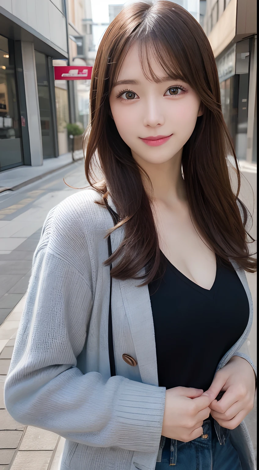 masutepiece, Best Quality, Illustration, Ultra-detailed, finely detail, hight resolution, 8K Wallpaper, Perfect dynamic composition, Beautiful detailed eyes, Women's Fashion Autumn,Medium wavy hair,small tits、Natural Color Lip, Bold sexy poses,Smile,Harajuku、20 years girl、Cute、Sexy shot looking at camera,next to the cherry tree、In a suit、Wearing a thin beige coat、